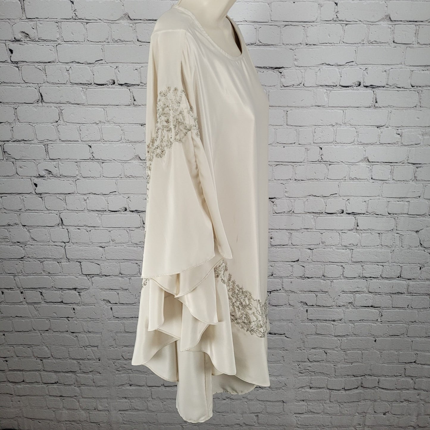 Free People Beige Satin Beaded Pleated Asymmetric Sleeve Dress Size Medium M