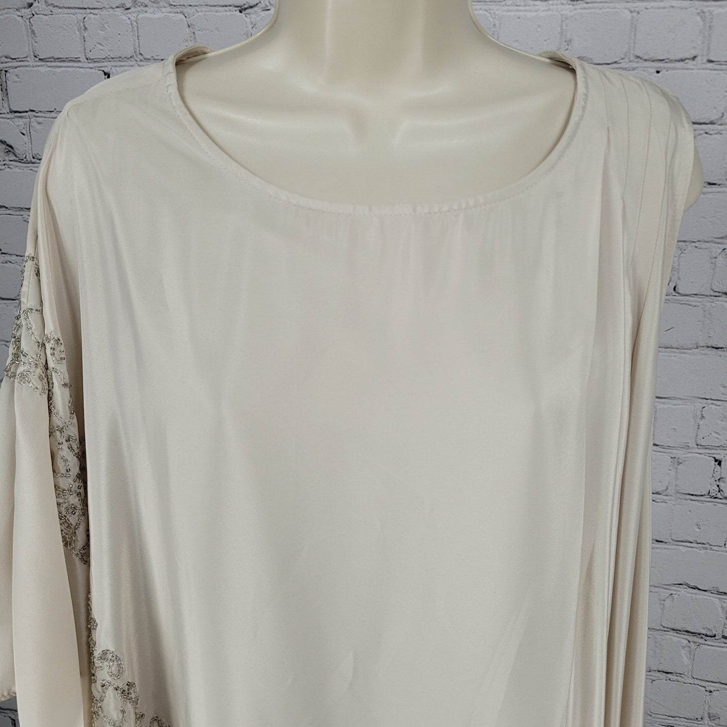 Free People Beige Satin Beaded Pleated Asymmetric Sleeve Dress Size Medium M