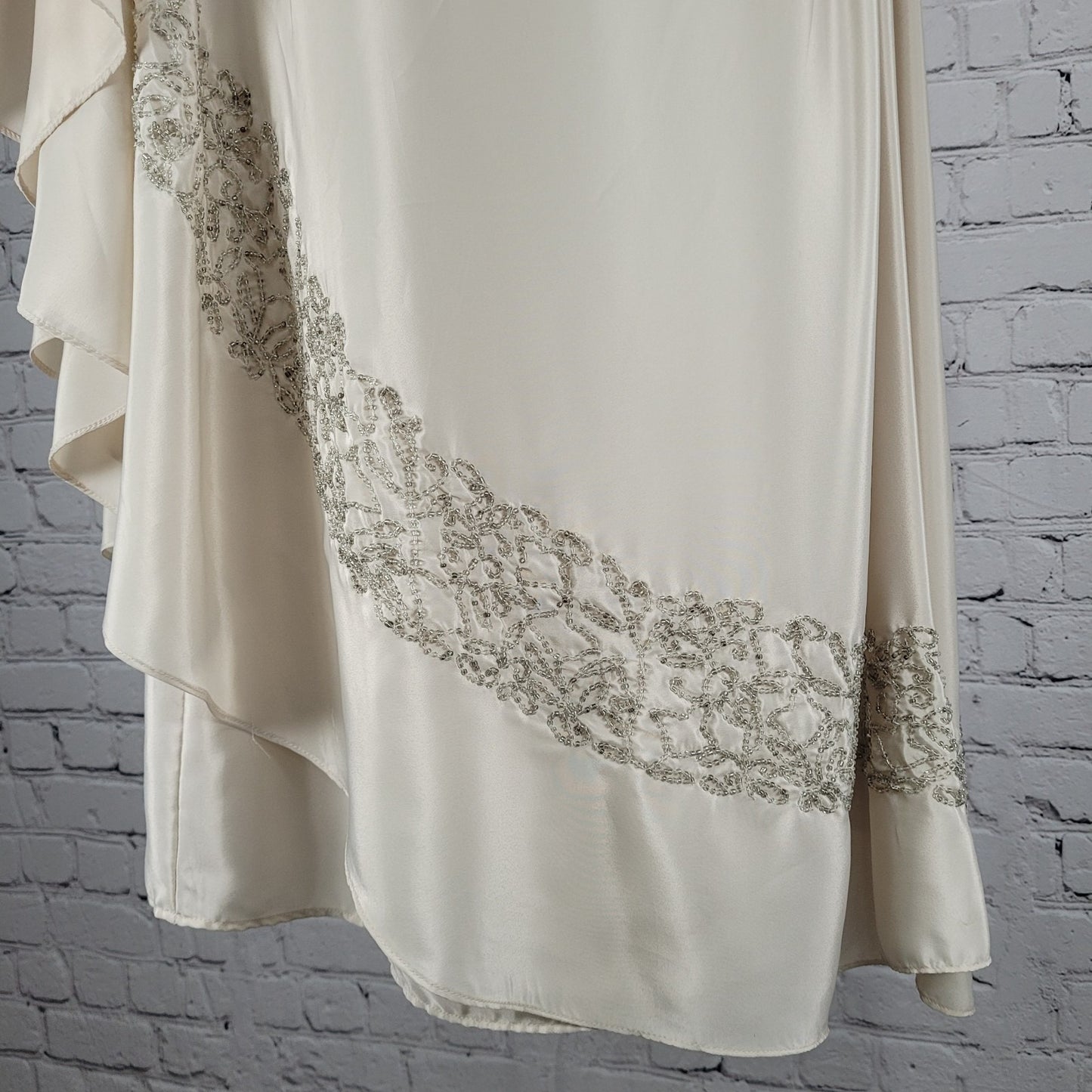 Free People Beige Satin Beaded Pleated Asymmetric Sleeve Dress Size Medium M