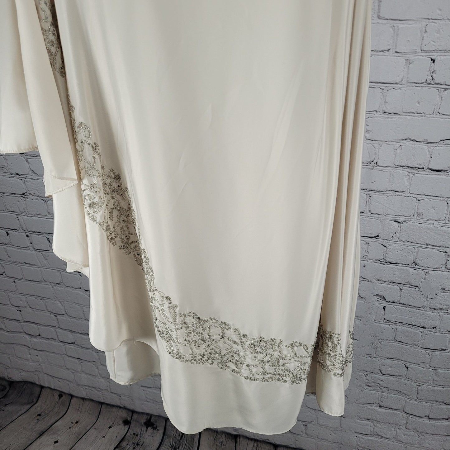 Free People Beige Satin Beaded Pleated Asymmetric Sleeve Dress Size Medium M