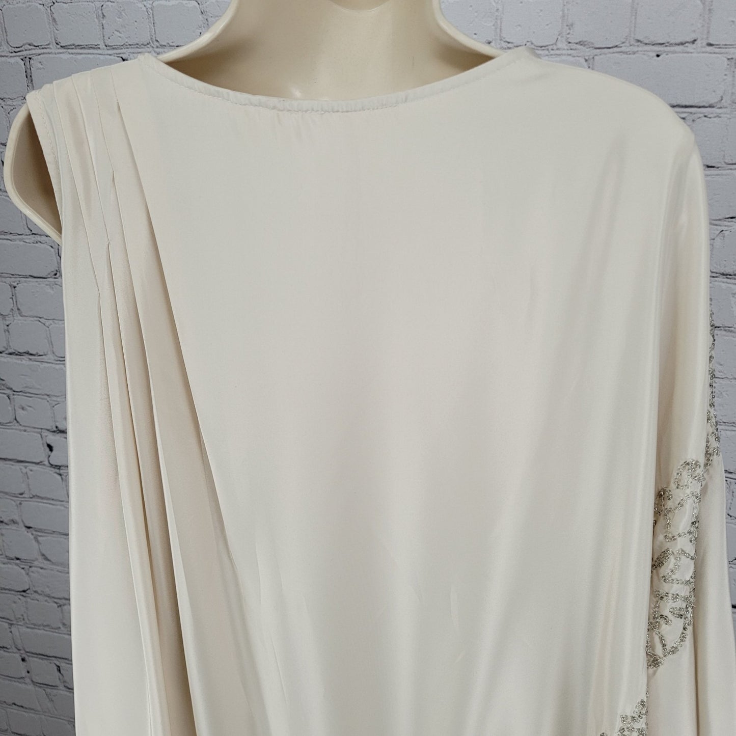 Free People Beige Satin Beaded Pleated Asymmetric Sleeve Dress Size Medium M
