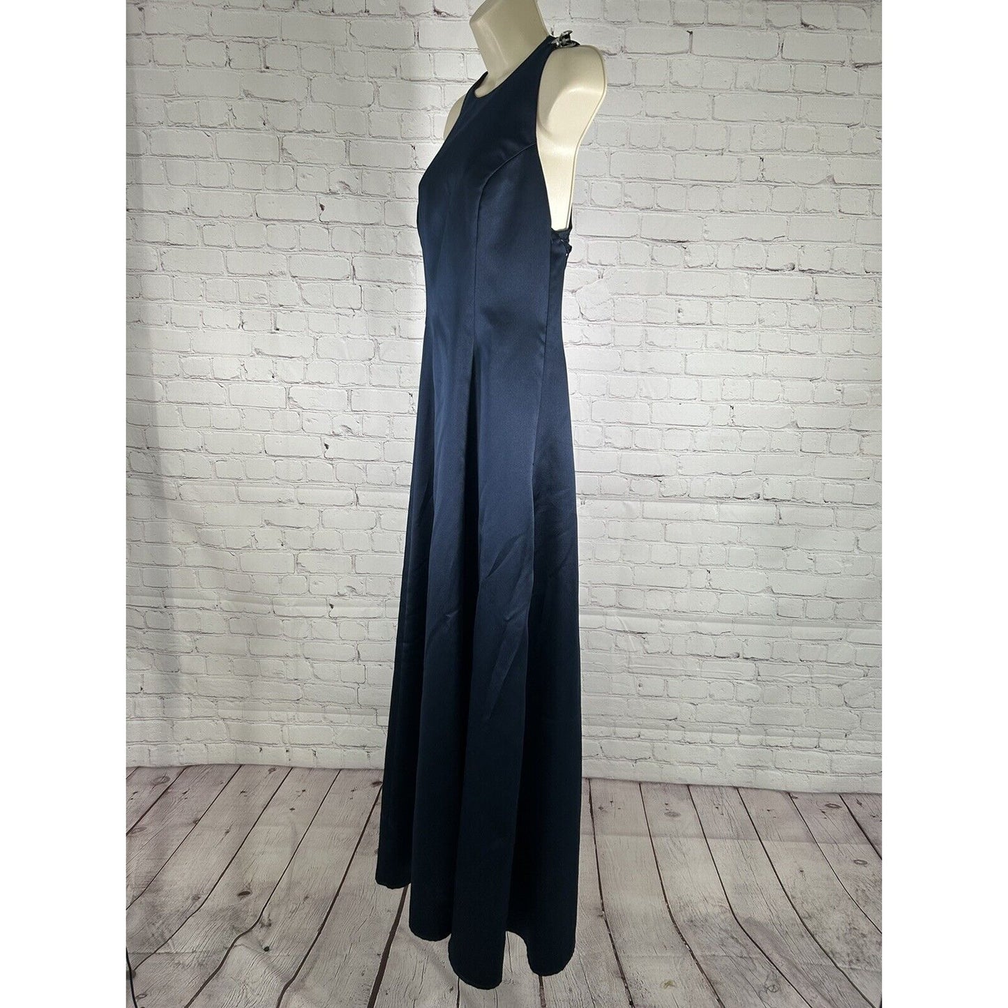 Bari Jay Blue High Neck Sleeveless A Line Lace Back Bridesmaid Dress Women’s 7-8
