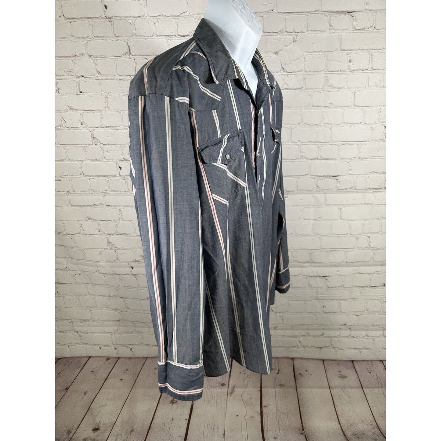 VTG Sheplers Blue Striped Lightweight Pearl Snap Long Sleeve Button Up Shirt XL