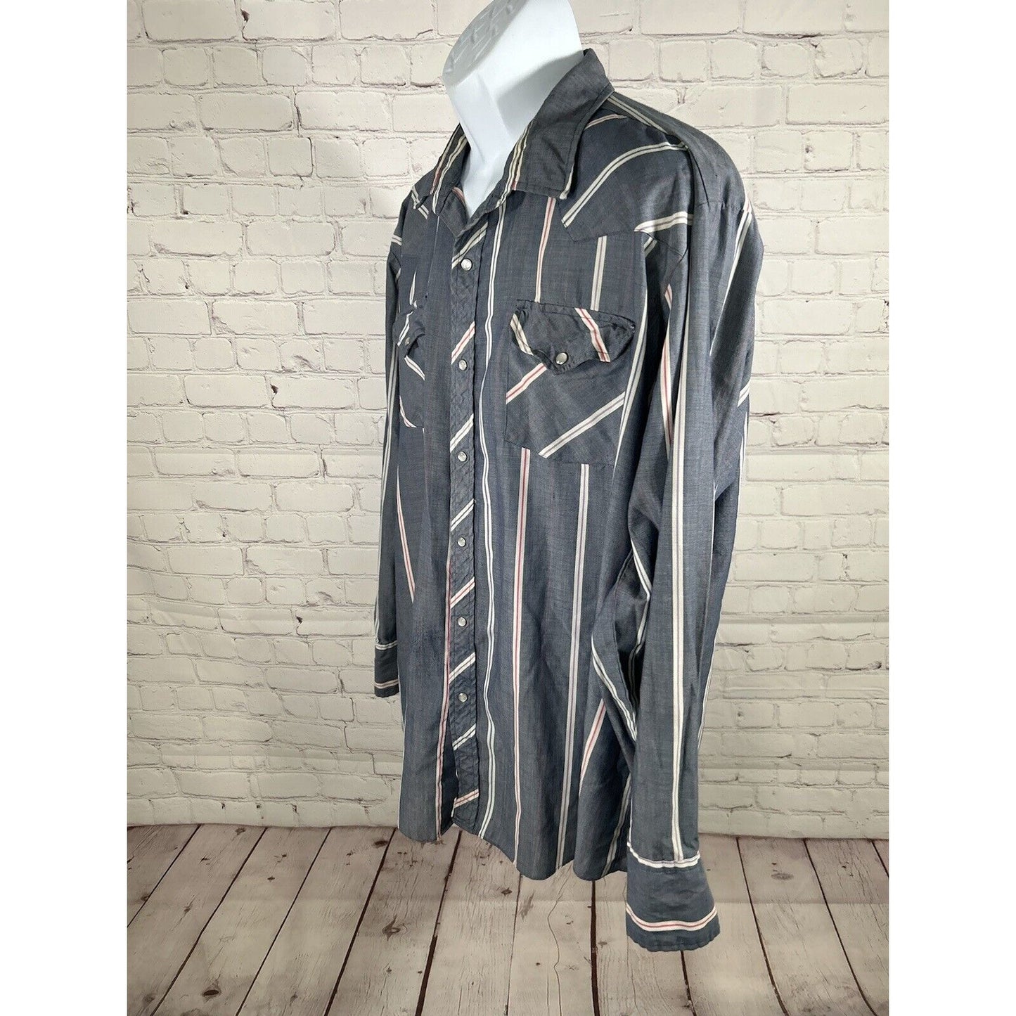VTG Sheplers Blue Striped Lightweight Pearl Snap Long Sleeve Button Up Shirt XL