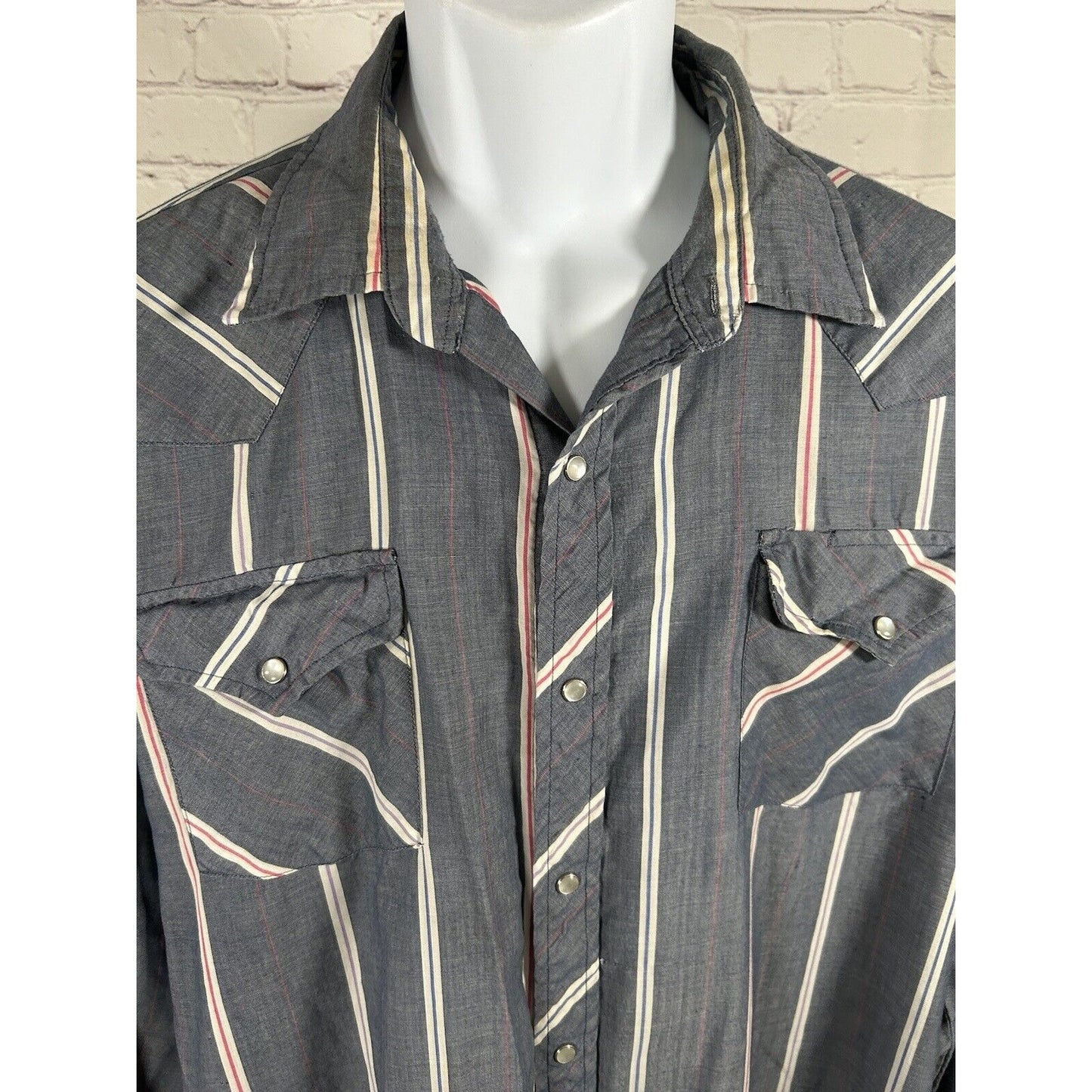 VTG Sheplers Blue Striped Lightweight Pearl Snap Long Sleeve Button Up Shirt XL