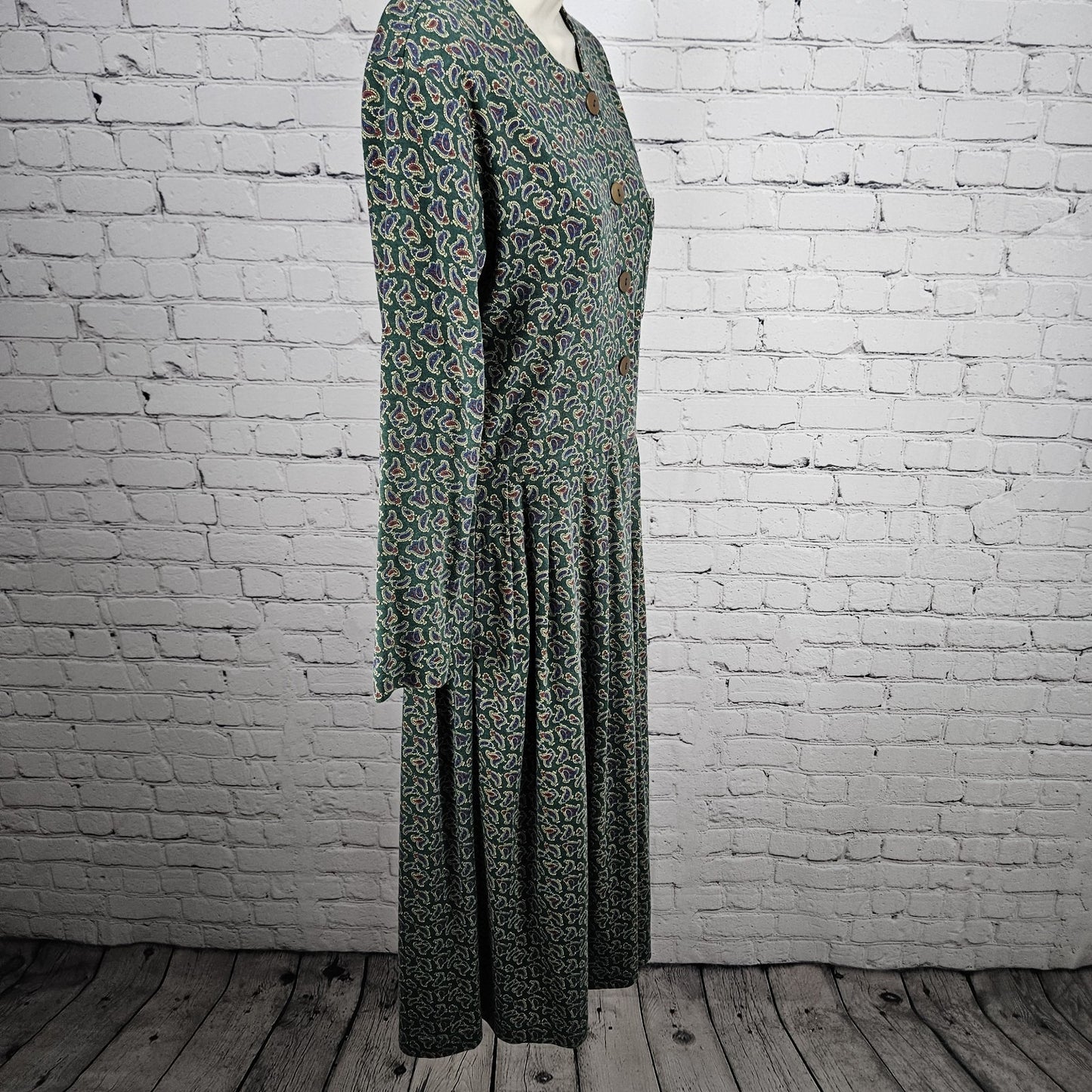 VTG Talbots Sara Campbell Green Paisley Long Sleeve A-Line Midi Dress USA Small