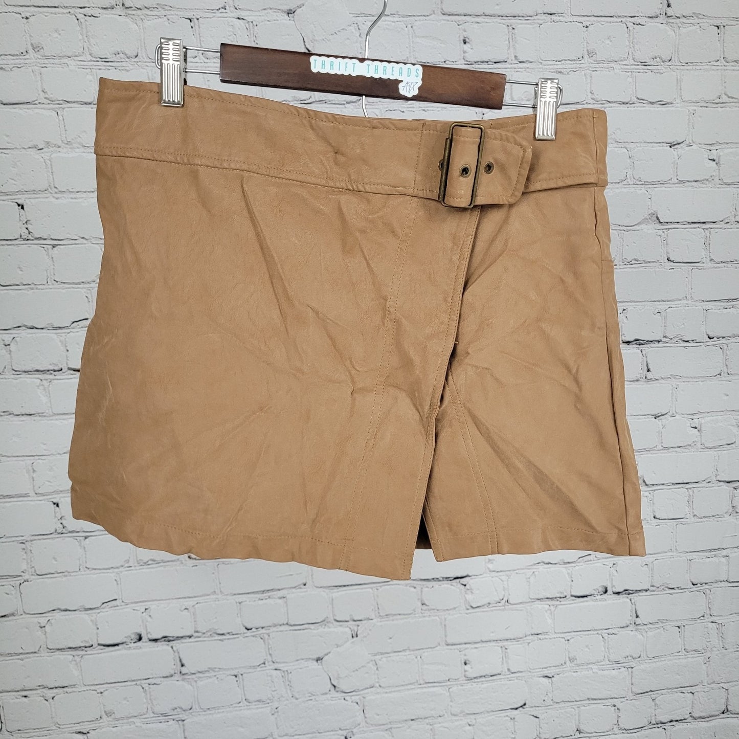 Free People Tan Brown Faux Leather Belted Buttoned Front Slit Mini Skirt Size 10