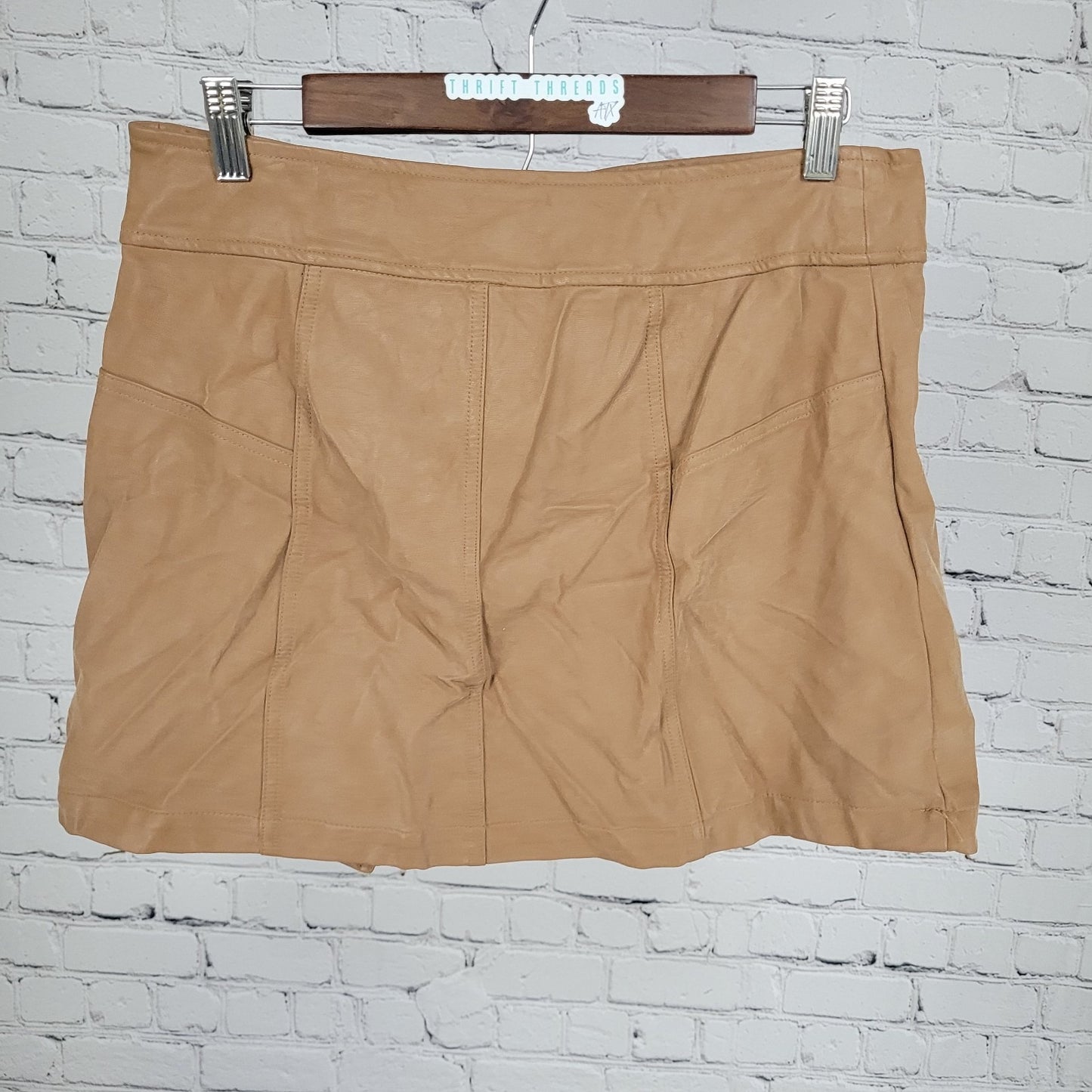 Free People Tan Brown Faux Leather Belted Buttoned Front Slit Mini Skirt Size 10