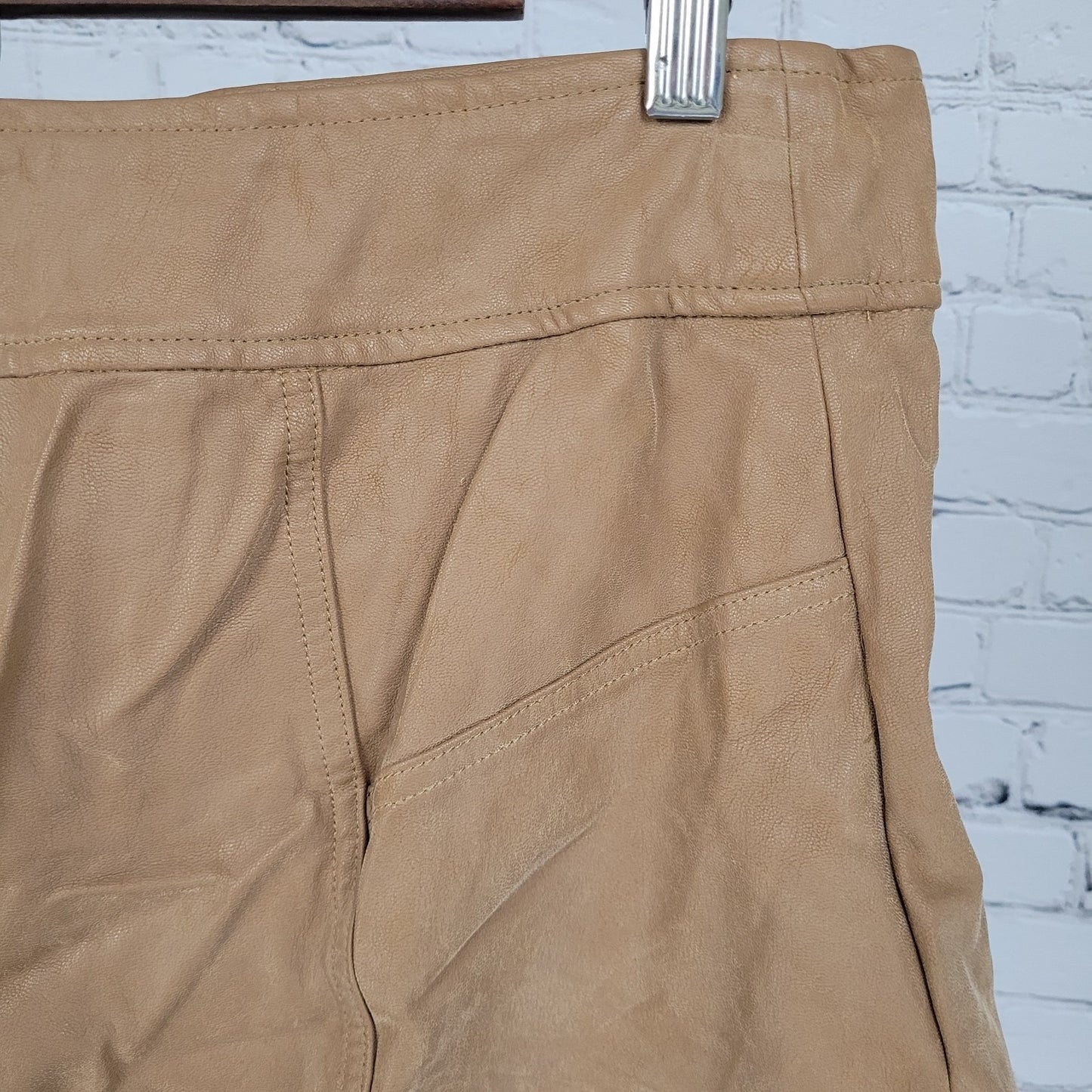 Free People Tan Brown Faux Leather Belted Buttoned Front Slit Mini Skirt Size 10