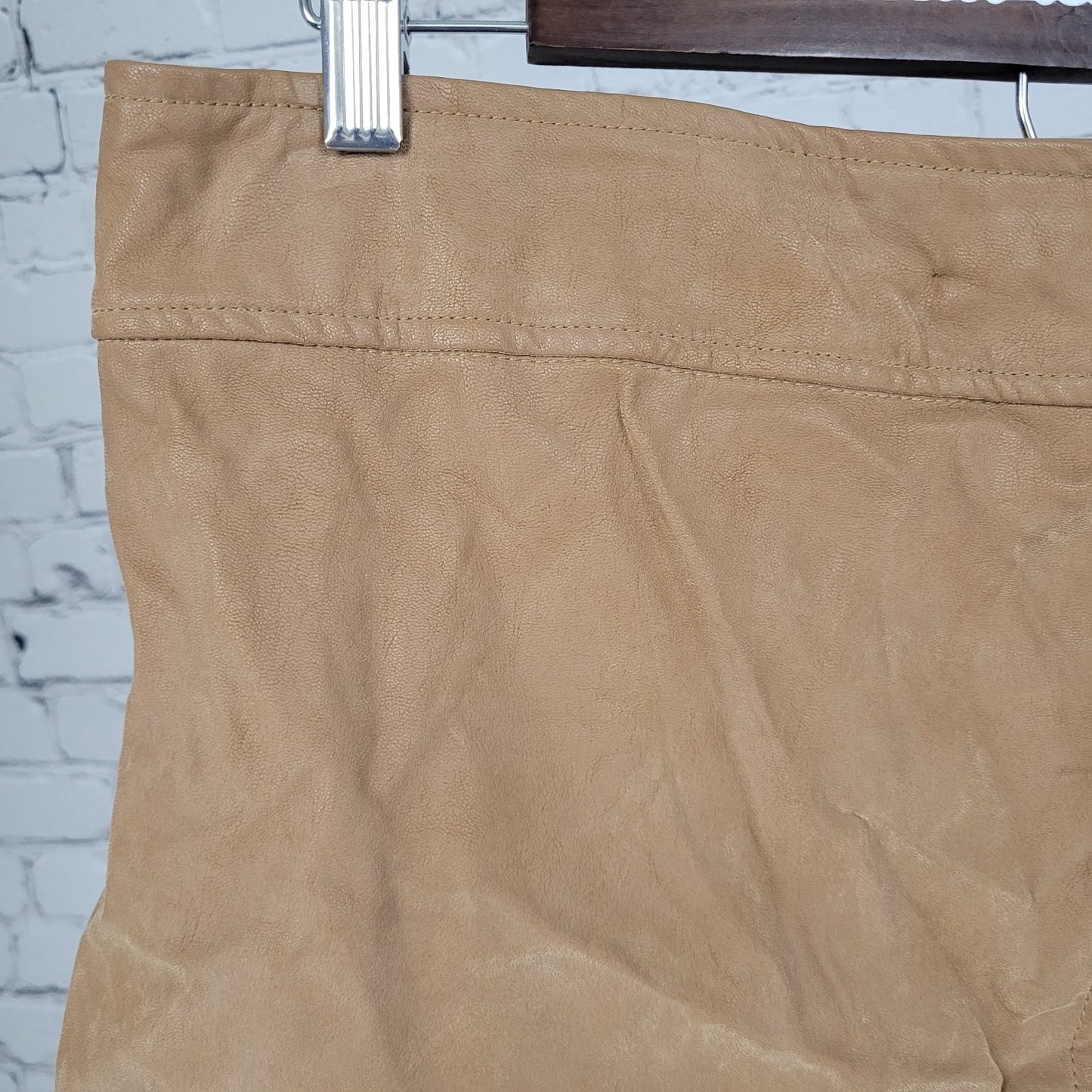 Free People Tan Brown Faux Leather Belted Buttoned Front Slit Mini Skirt Size 10