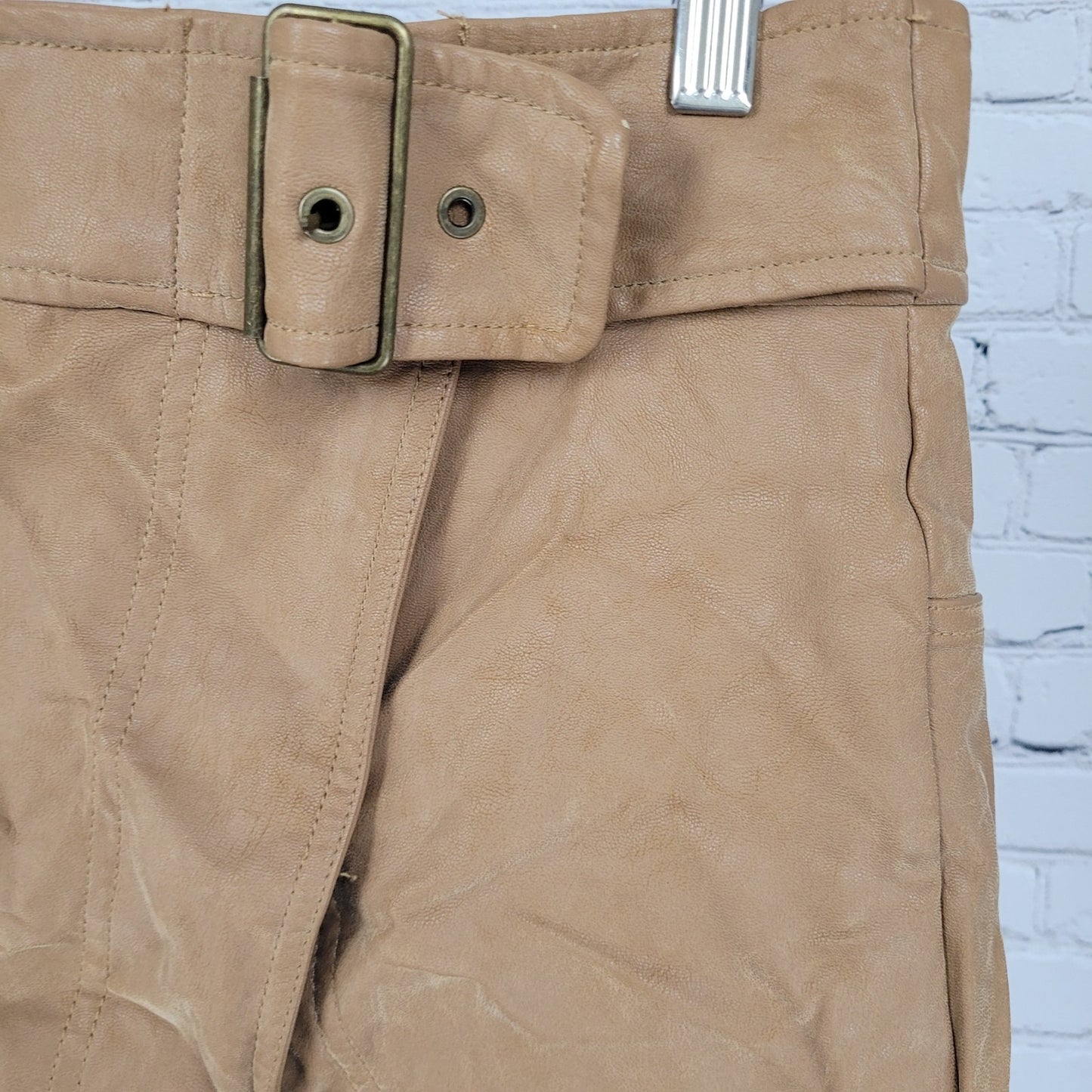 Free People Tan Brown Faux Leather Belted Buttoned Front Slit Mini Skirt Size 10