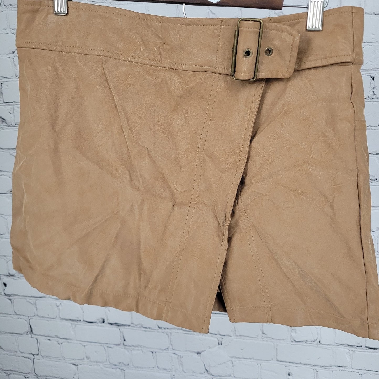 Free People Tan Brown Faux Leather Belted Buttoned Front Slit Mini Skirt Size 10