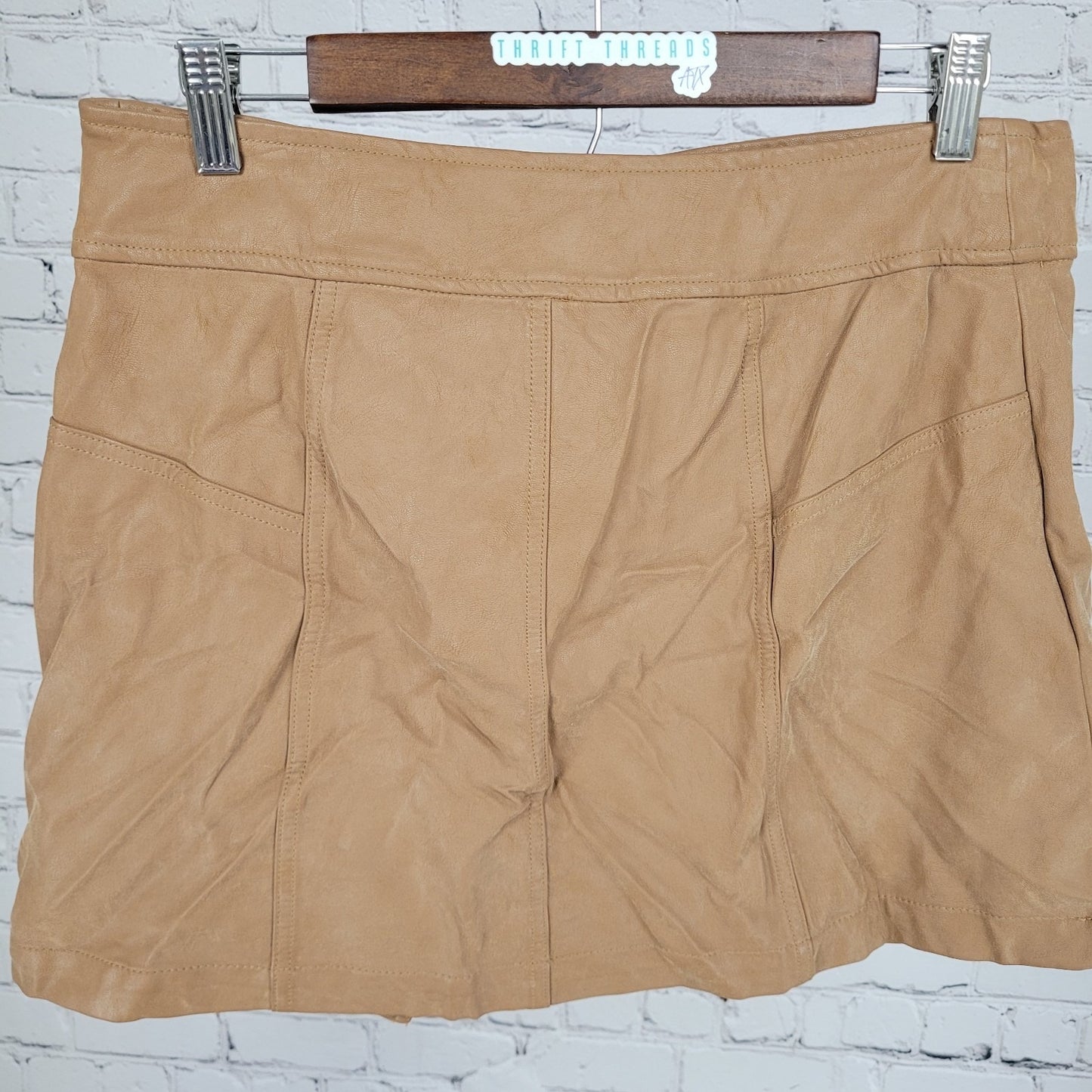 Free People Tan Brown Faux Leather Belted Buttoned Front Slit Mini Skirt Size 10