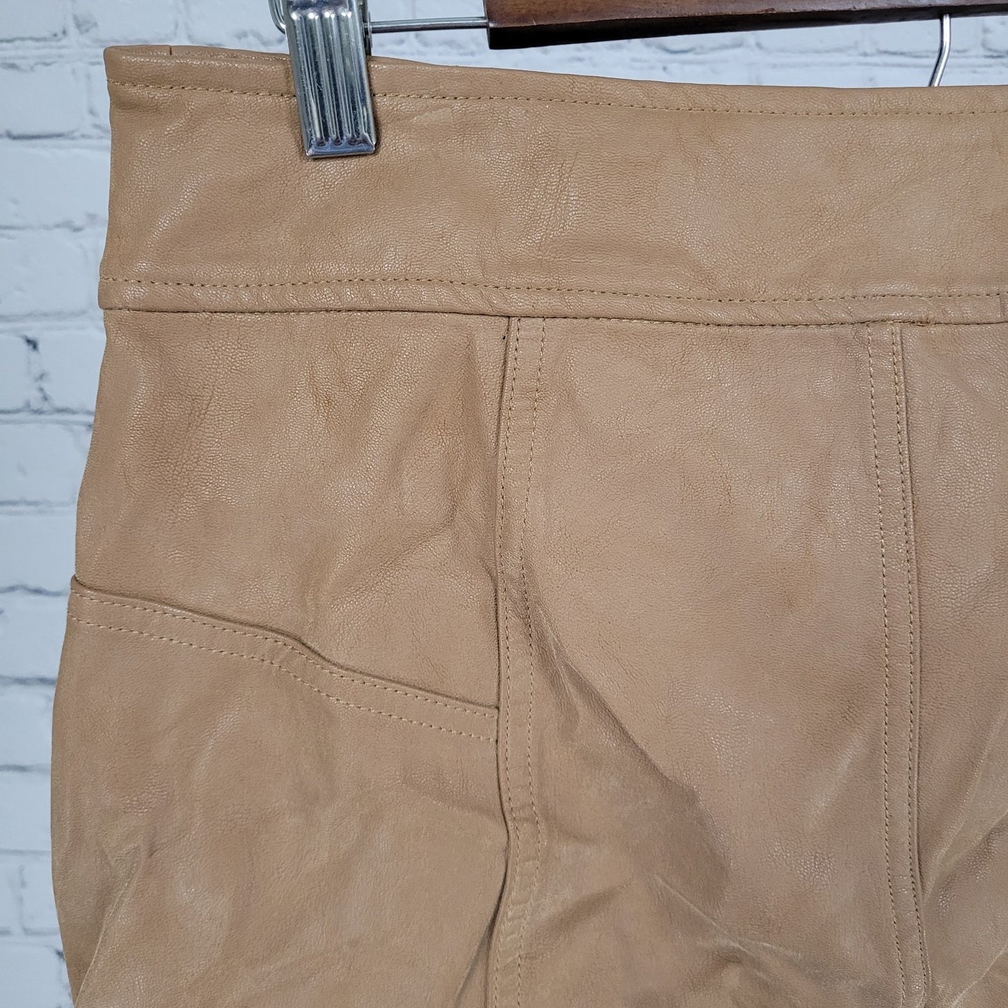 Free People Tan Brown Faux Leather Belted Buttoned Front Slit Mini Skirt Size 10