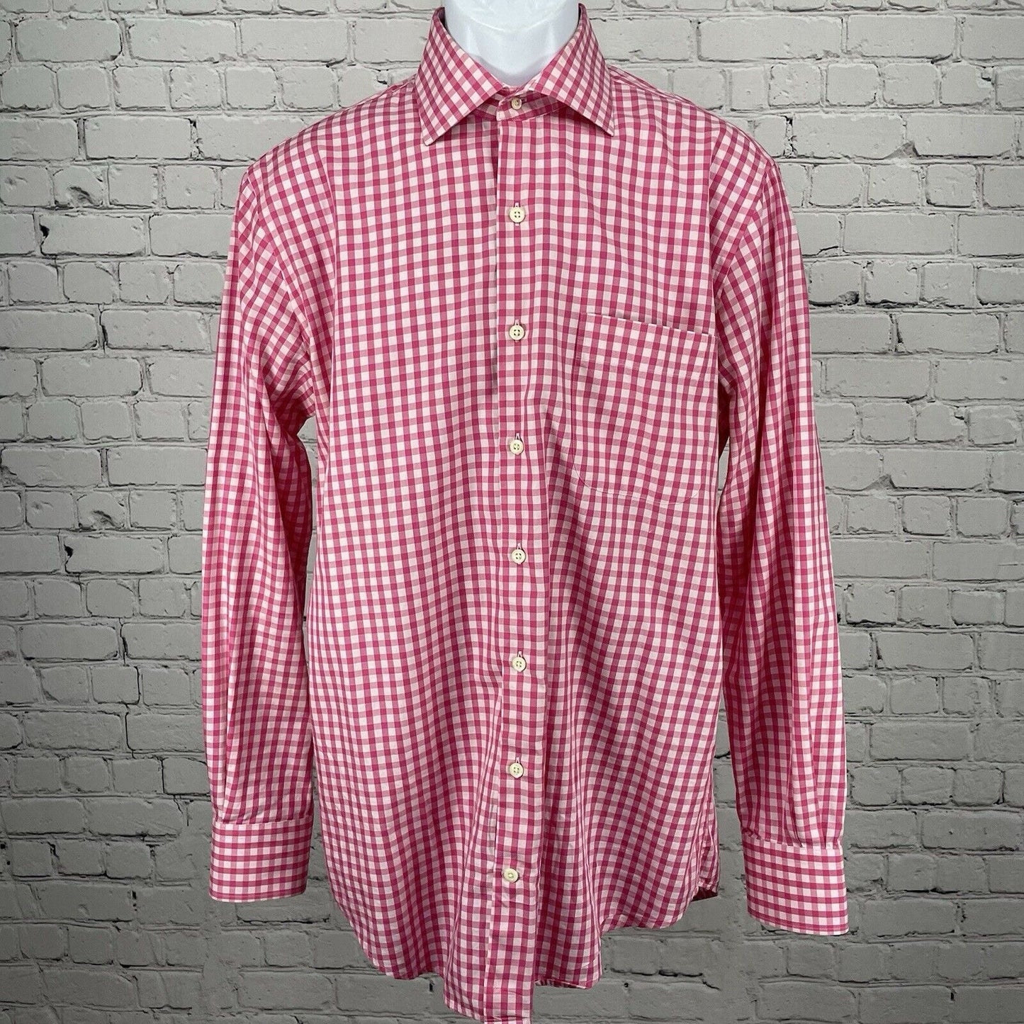 Peter Millar Pink Checkered Button Up Long Sleeve Cotton Shirt Size Medium M