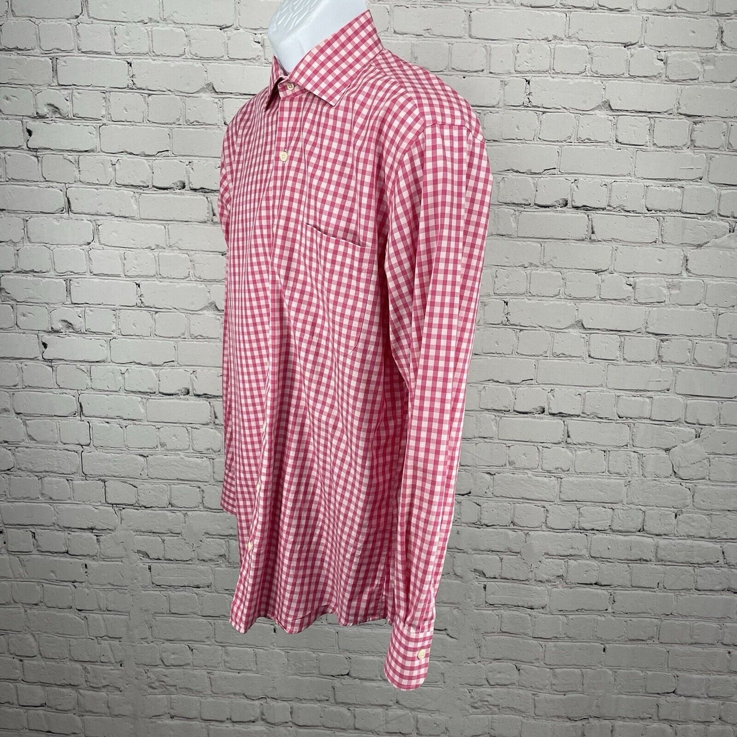 Peter Millar Pink Checkered Button Up Long Sleeve Cotton Shirt Size Medium M