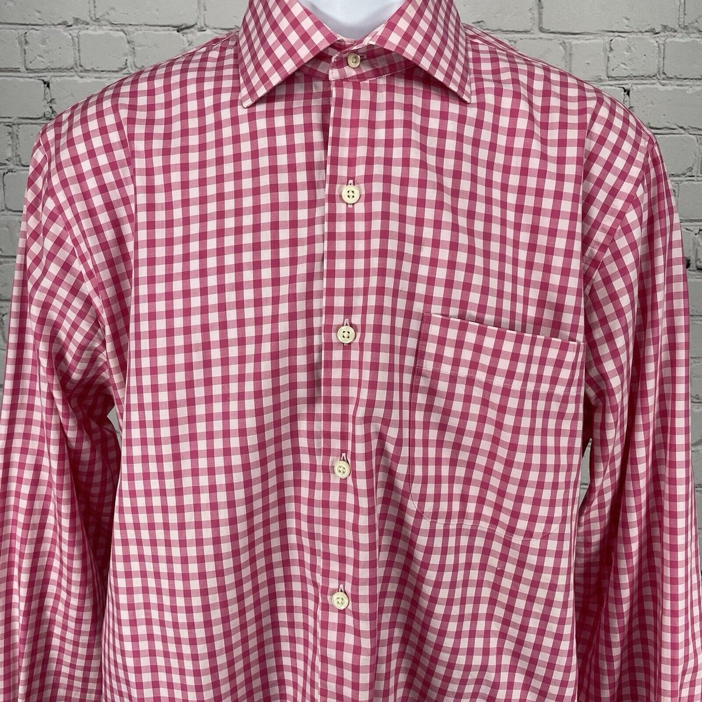 Peter Millar Pink Checkered Button Up Long Sleeve Cotton Shirt Size Medium M