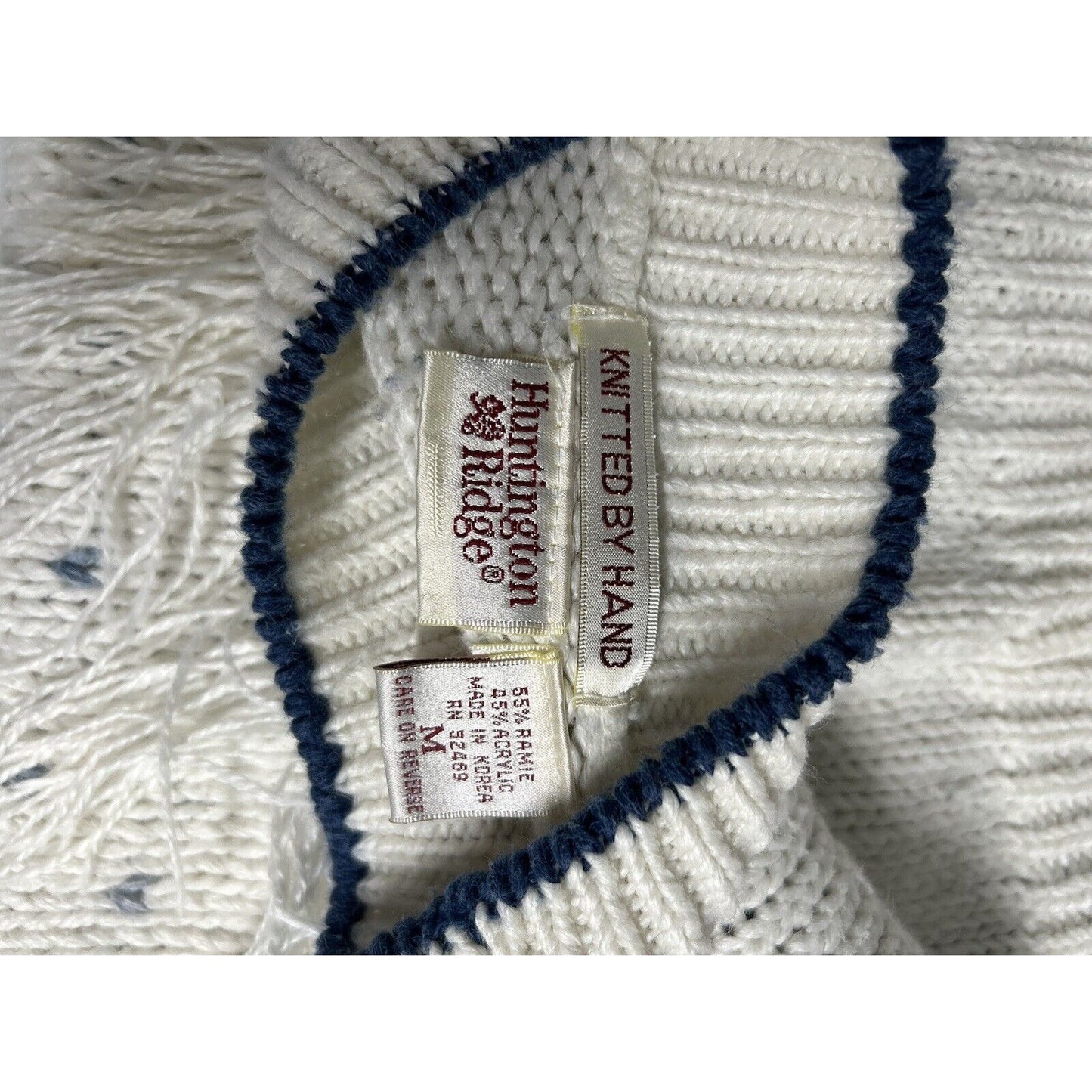 VTG Huntington Ridge White Blue Sweater Snowflake Fringe Hand Knit Women’s M