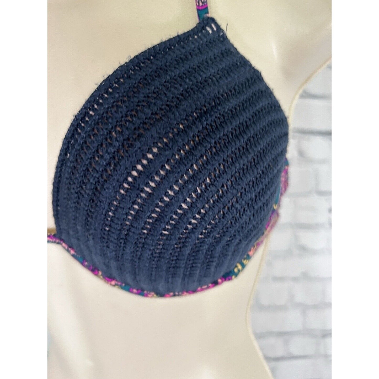 Shade & Shore Navy Blue Crochet Shell Floral Push-up Halter Swim Bikini Top 32D