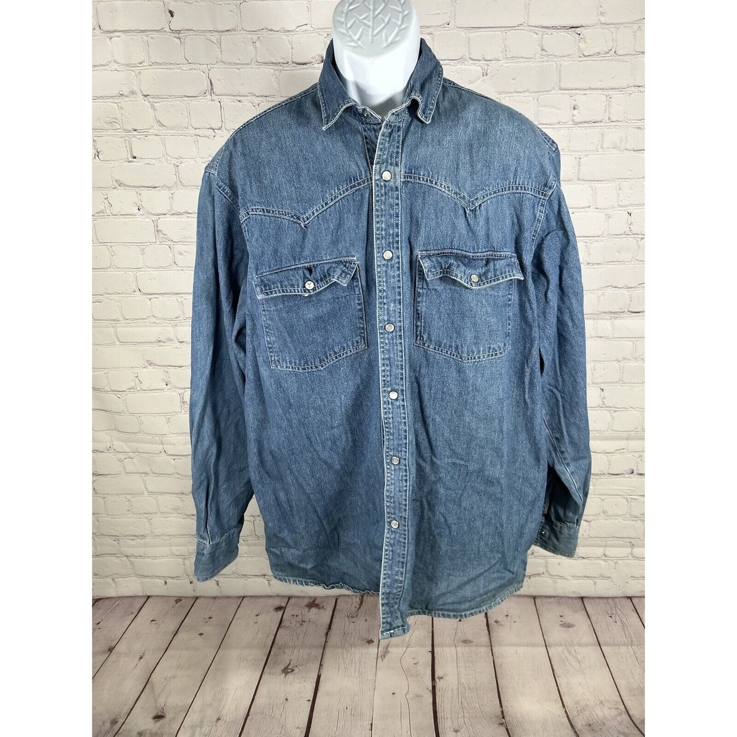 VTG Sunbelt Sportswear Medium Wash Long Sleeve Pearl Snap Button Up Shirt Men L