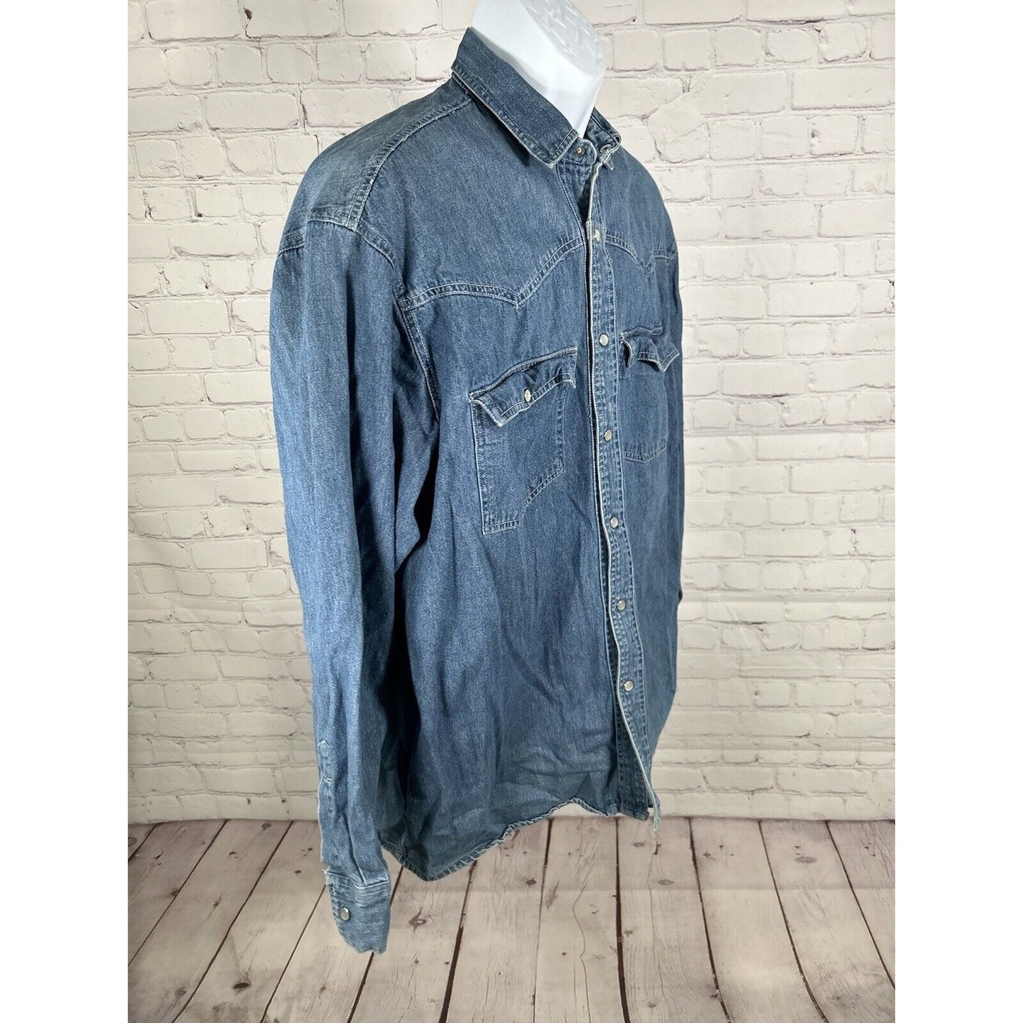 VTG Sunbelt Sportswear Medium Wash Long Sleeve Pearl Snap Button Up Shirt Men L