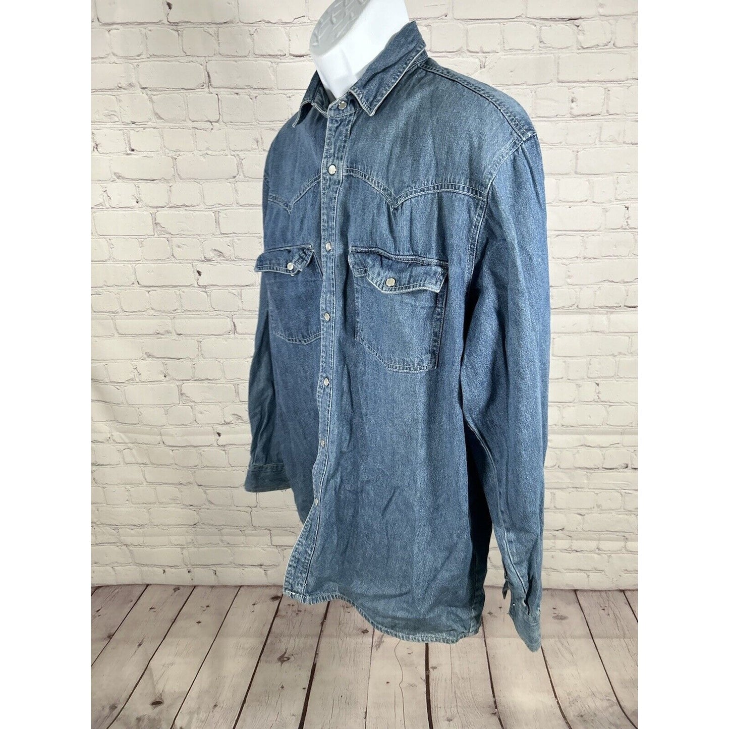 VTG Sunbelt Sportswear Medium Wash Long Sleeve Pearl Snap Button Up Shirt Men L