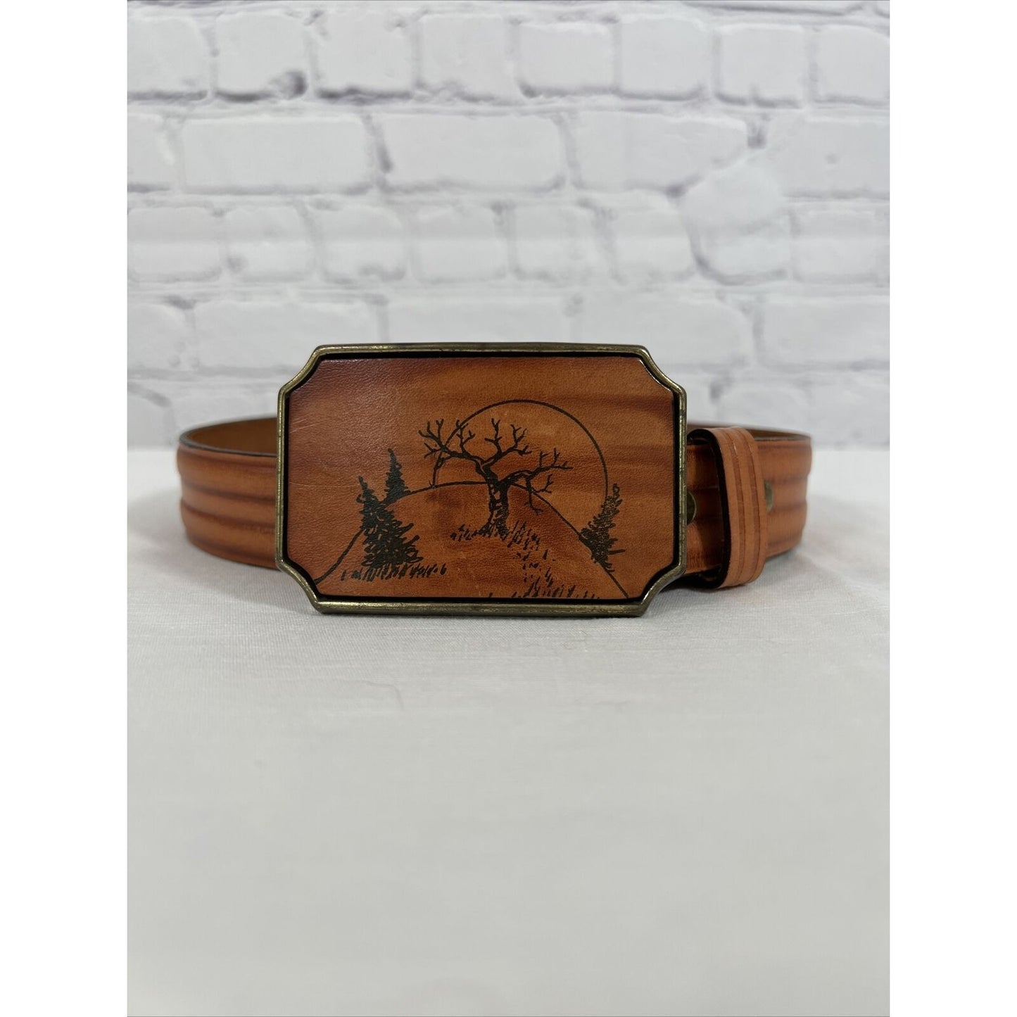 Hill Country Handmade Tooled Tan Leather Brass Belt Buckle Harness USA Made 30in