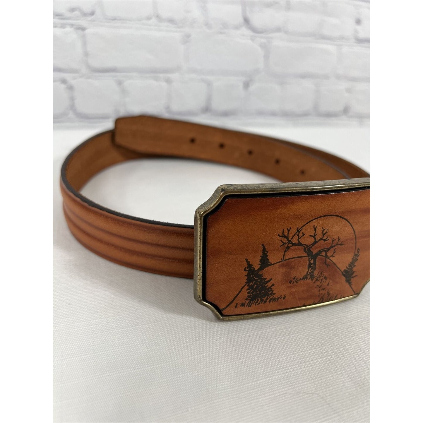 Hill Country Handmade Tooled Tan Leather Brass Belt Buckle Harness USA Made 30in
