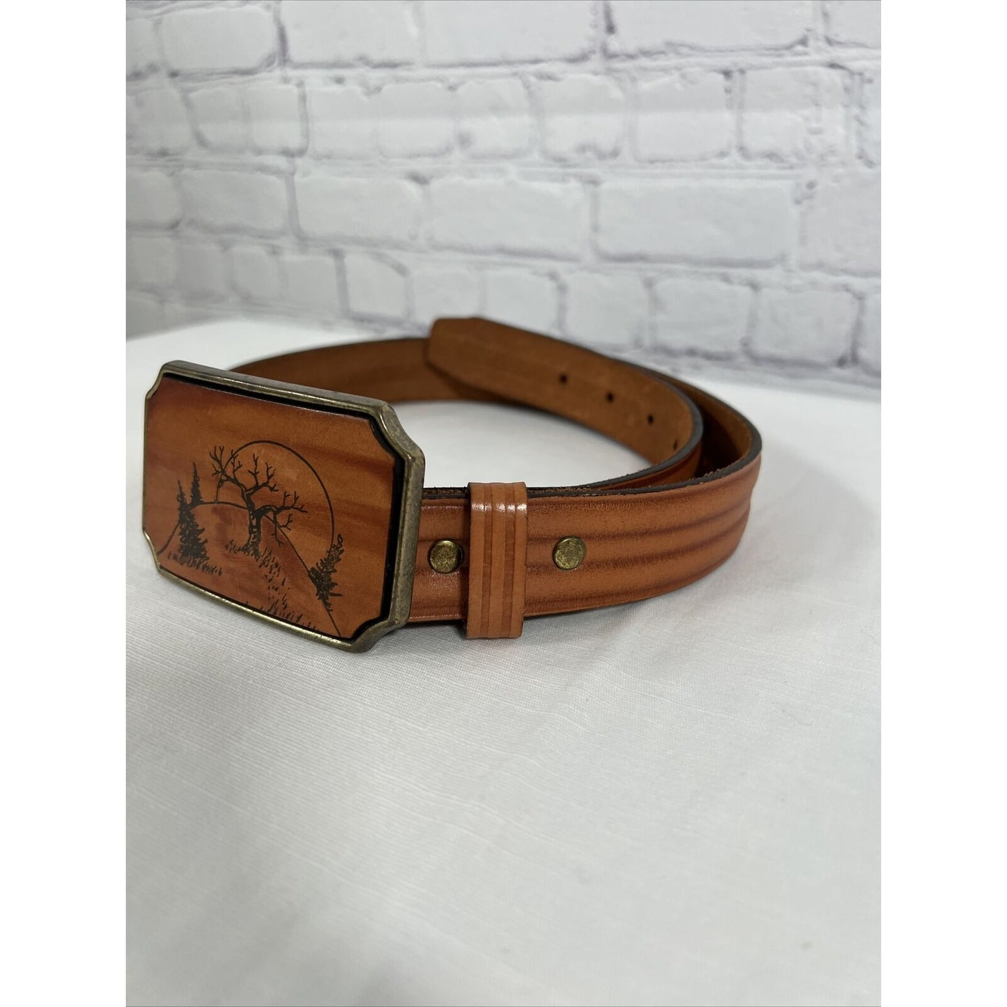 Hill Country Handmade Tooled Tan Leather Brass Belt Buckle Harness USA Made 30in