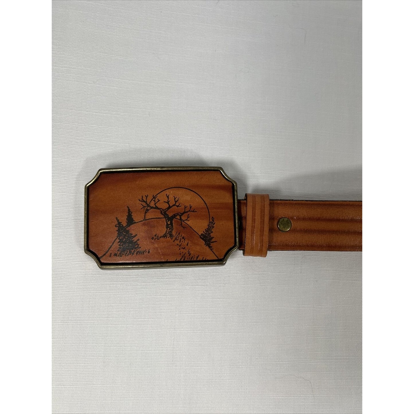 Hill Country Handmade Tooled Tan Leather Brass Belt Buckle Harness USA Made 30in