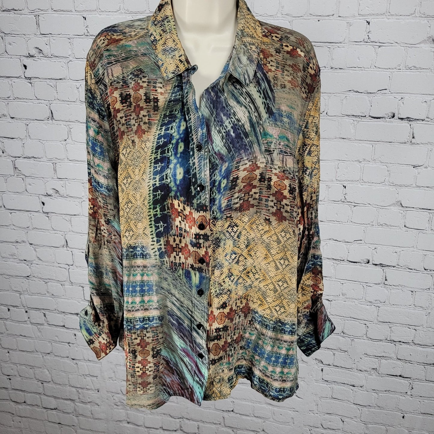 Tianello Multicolor 100% Silk Aztec Lightweight Button Up Shirt USA Made Size XL