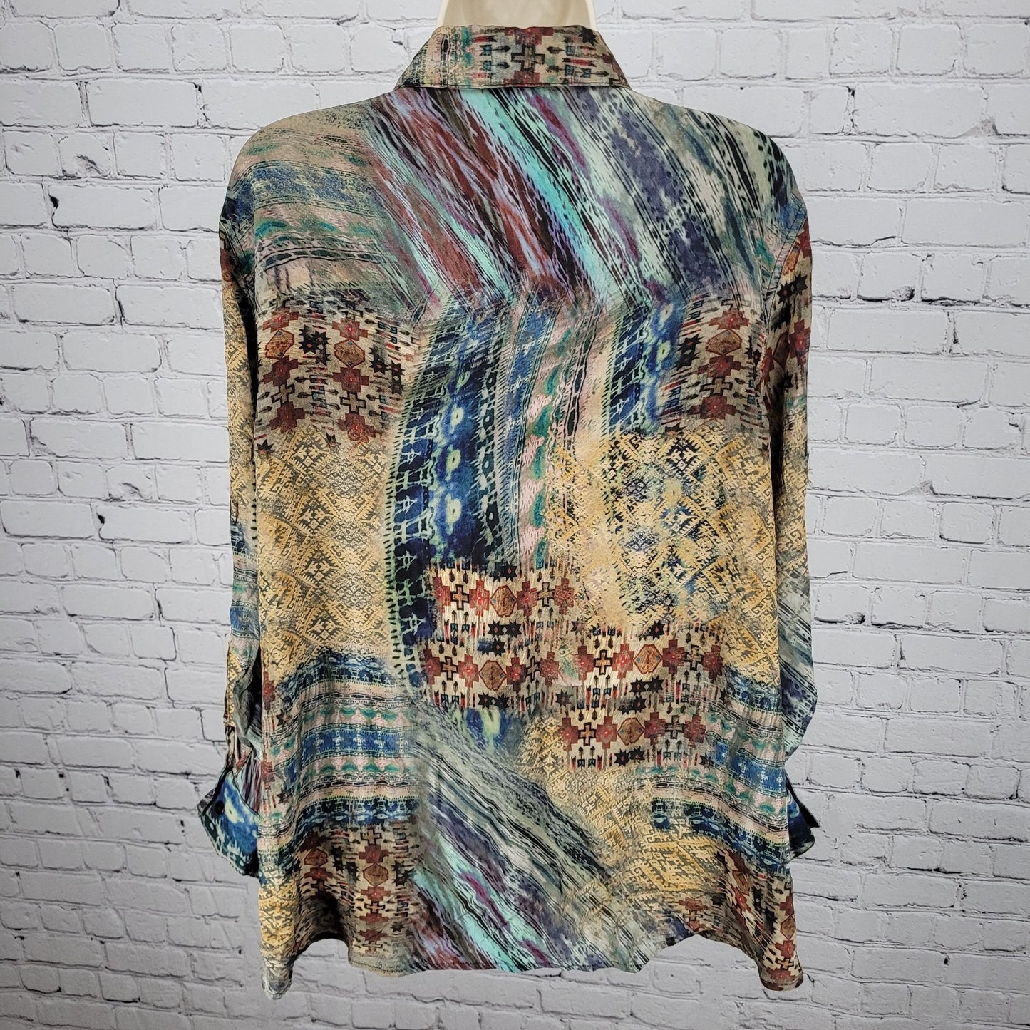 Tianello Multicolor 100% Silk Aztec Lightweight Button Up Shirt USA Made Size XL