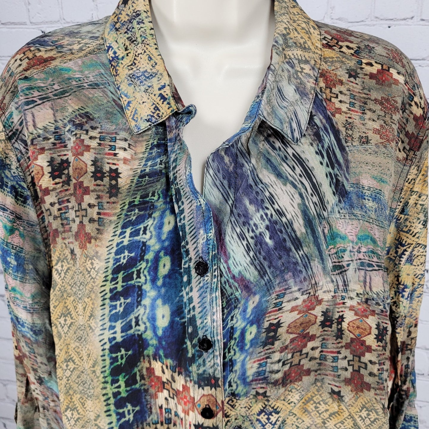 Tianello Multicolor 100% Silk Aztec Lightweight Button Up Shirt USA Made Size XL