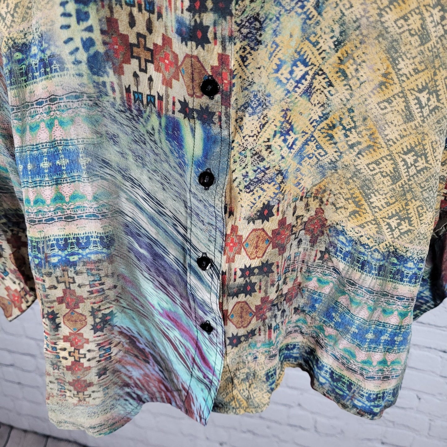Tianello Multicolor 100% Silk Aztec Lightweight Button Up Shirt USA Made Size XL