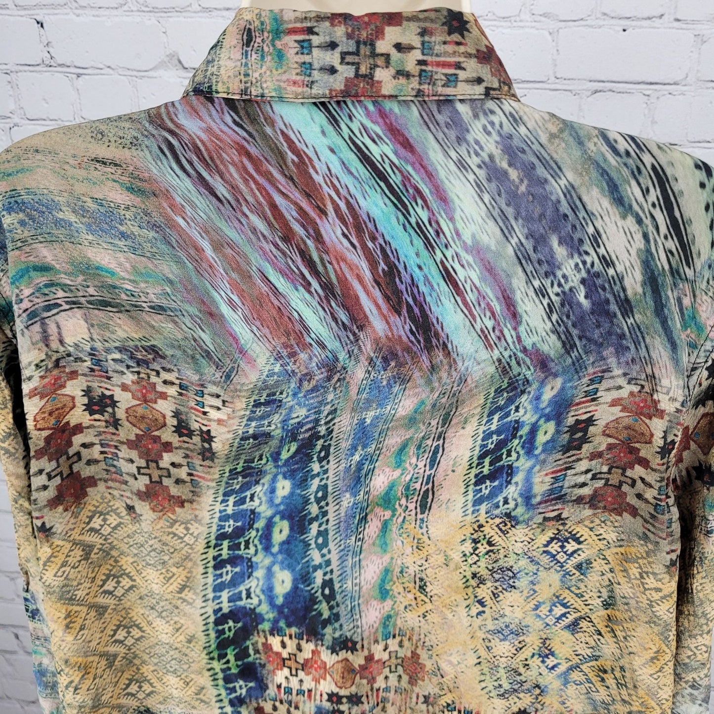 Tianello Multicolor 100% Silk Aztec Lightweight Button Up Shirt USA Made Size XL
