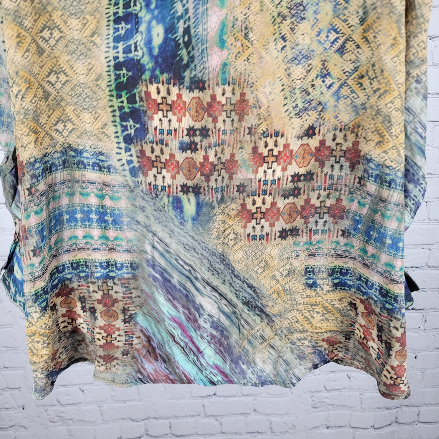 Tianello Multicolor 100% Silk Aztec Lightweight Button Up Shirt USA Made Size XL