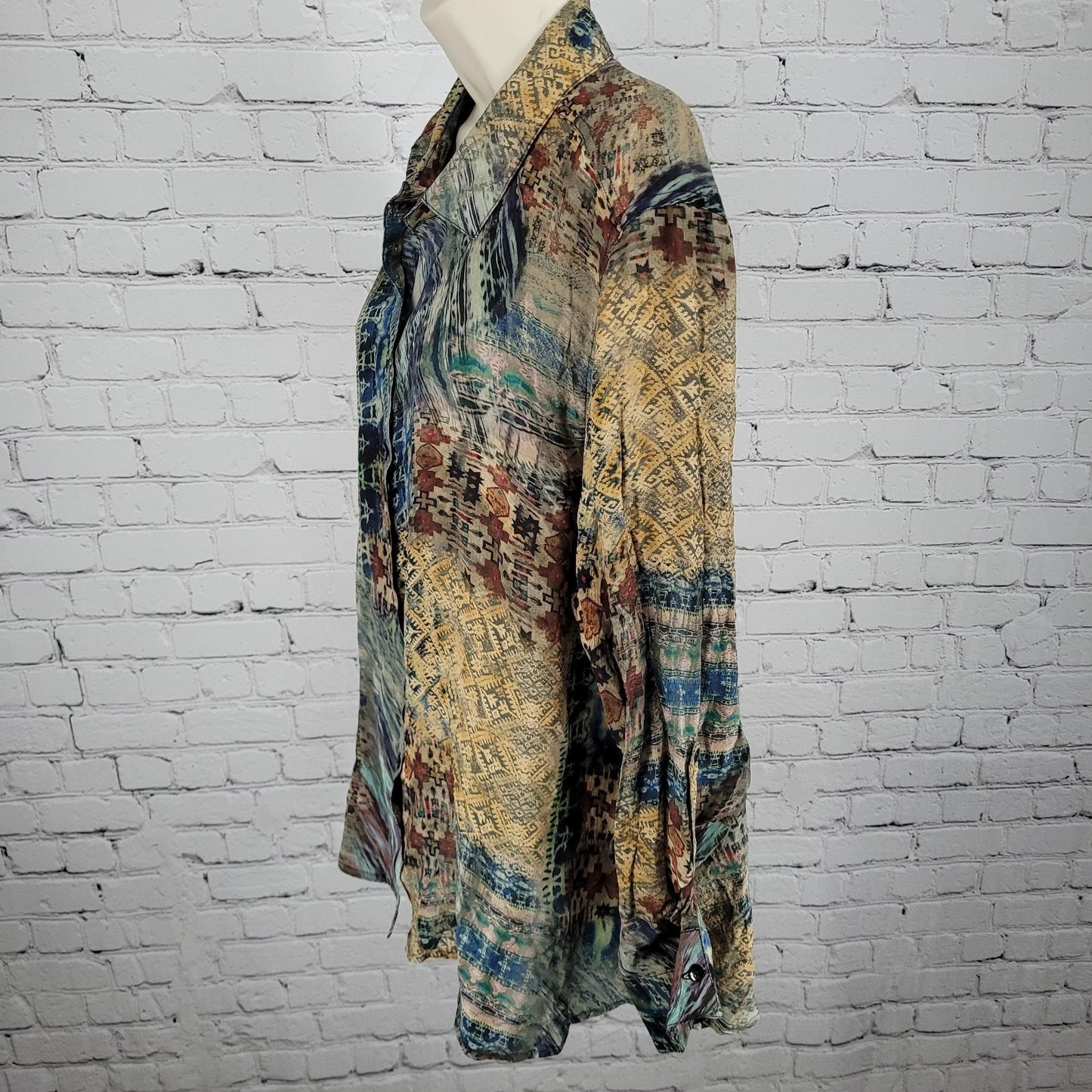 Tianello Multicolor 100% Silk Aztec Lightweight Button Up Shirt USA Made Size XL