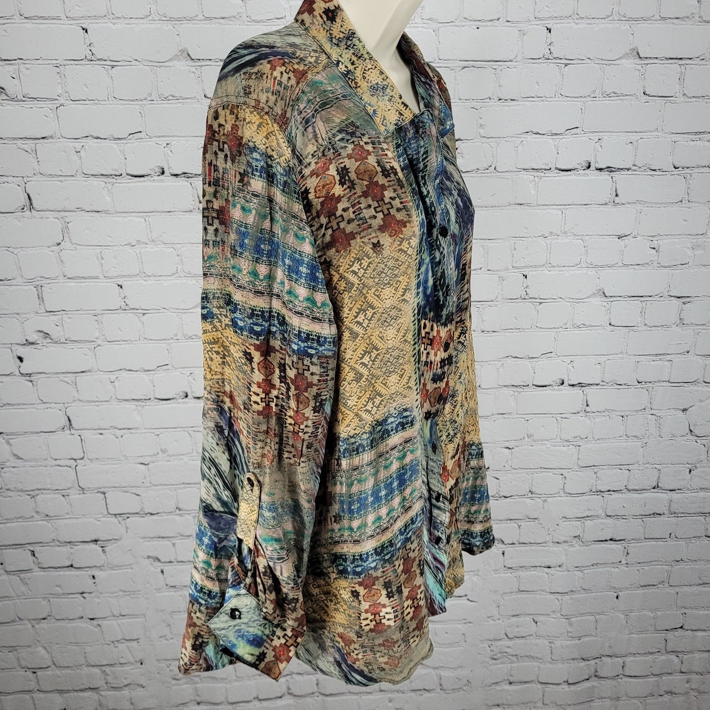 Tianello Multicolor 100% Silk Aztec Lightweight Button Up Shirt USA Made Size XL