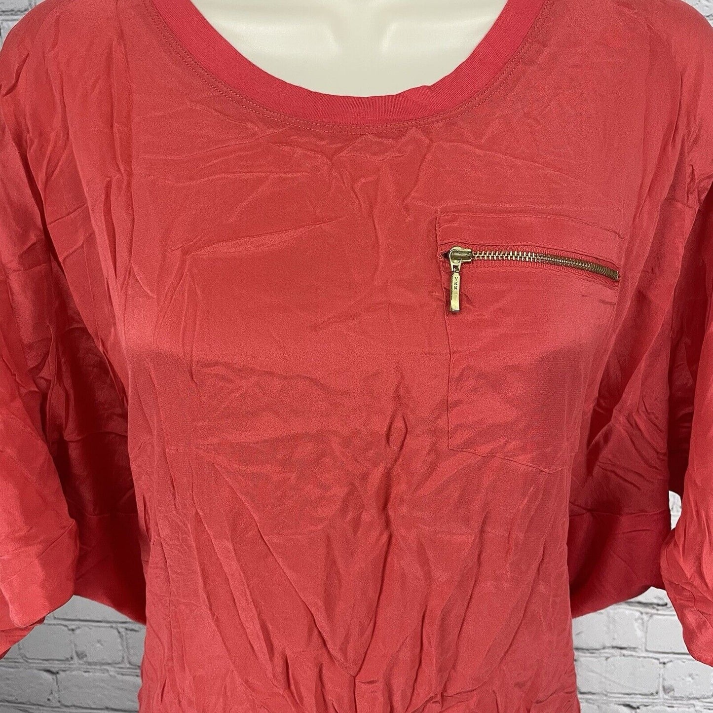 Guess Red 100% Silk Blouse Top Flowy Gold Zipper Short Dolman Sleeve Size XS