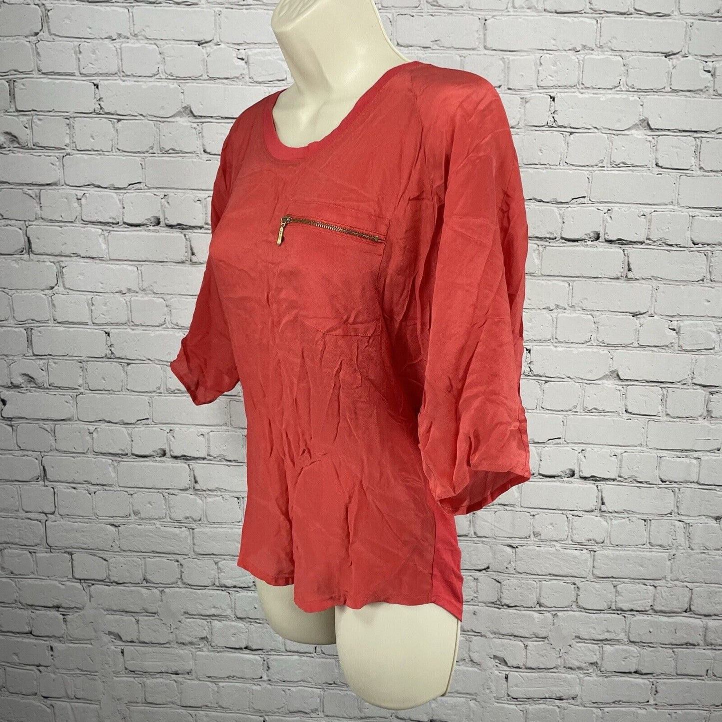 Guess Red 100% Silk Blouse Top Flowy Gold Zipper Short Dolman Sleeve Size XS
