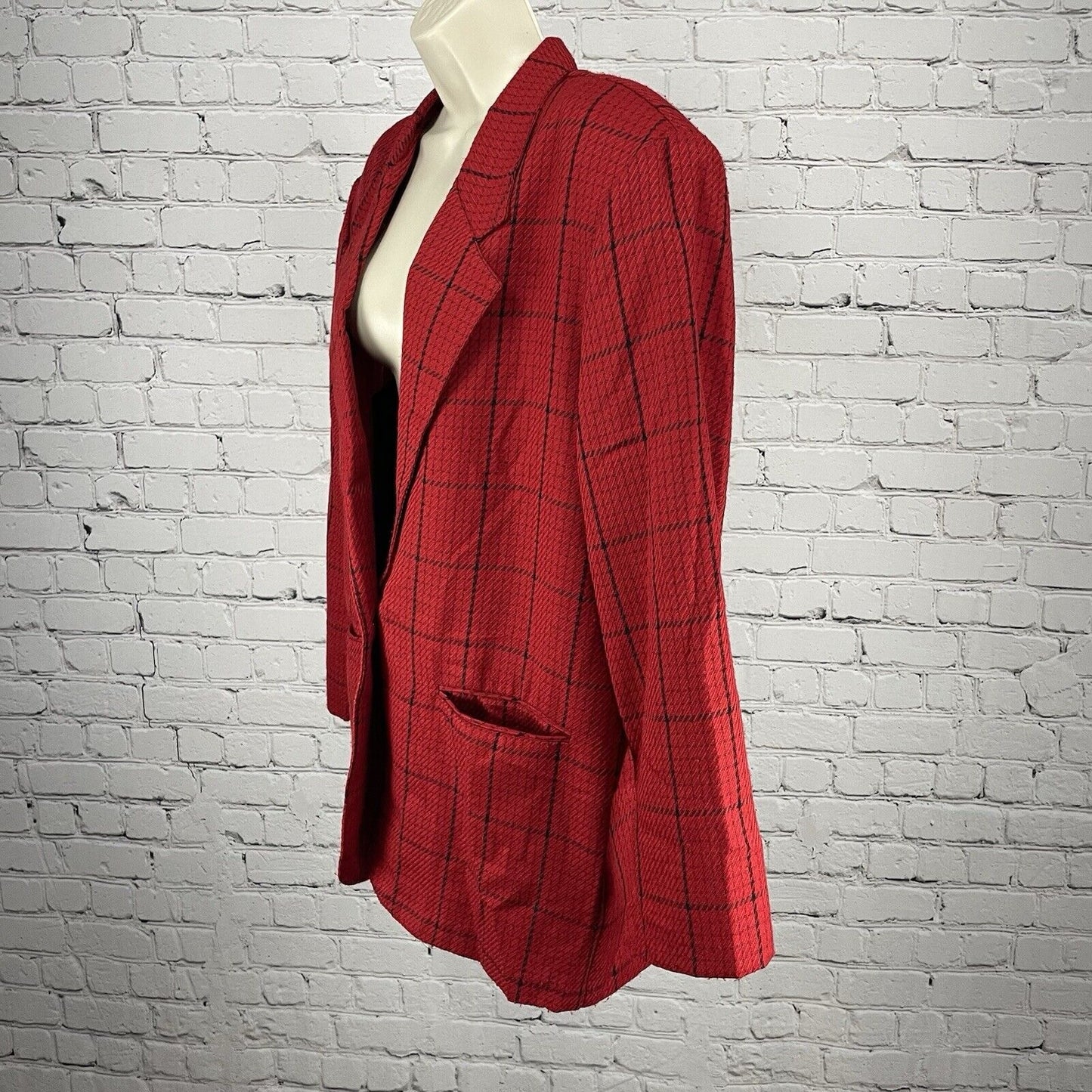 VTG Samantha USA Red Check One Button Lightweight Blazer Pockets Size 14