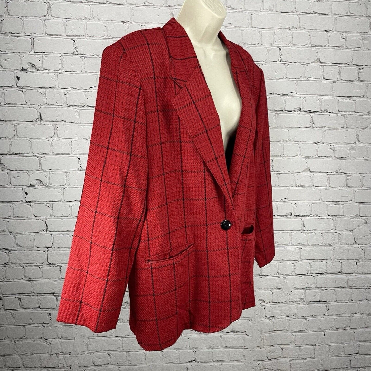 VTG Samantha USA Red Check One Button Lightweight Blazer Pockets Size 14