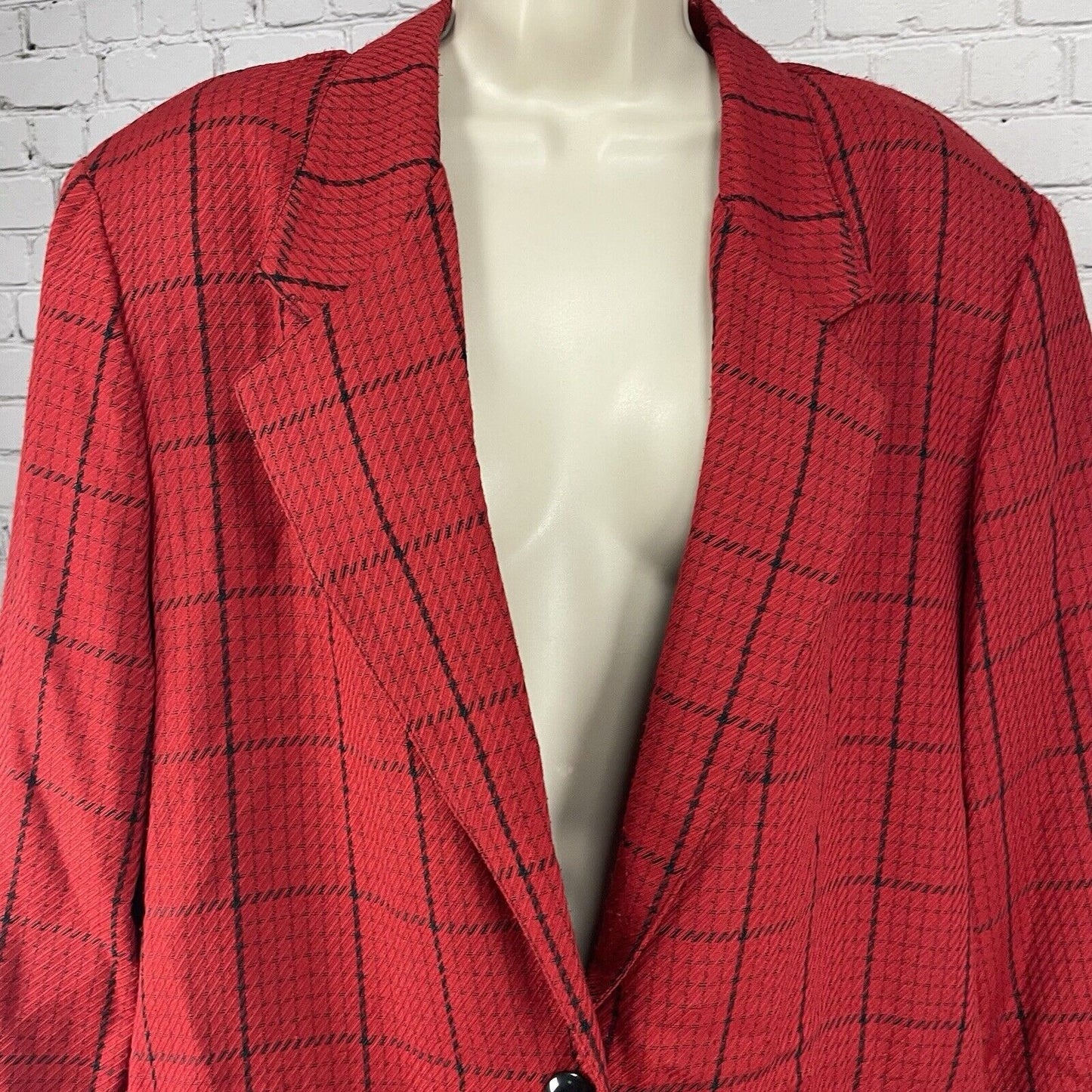 VTG Samantha USA Red Check One Button Lightweight Blazer Pockets Size 14