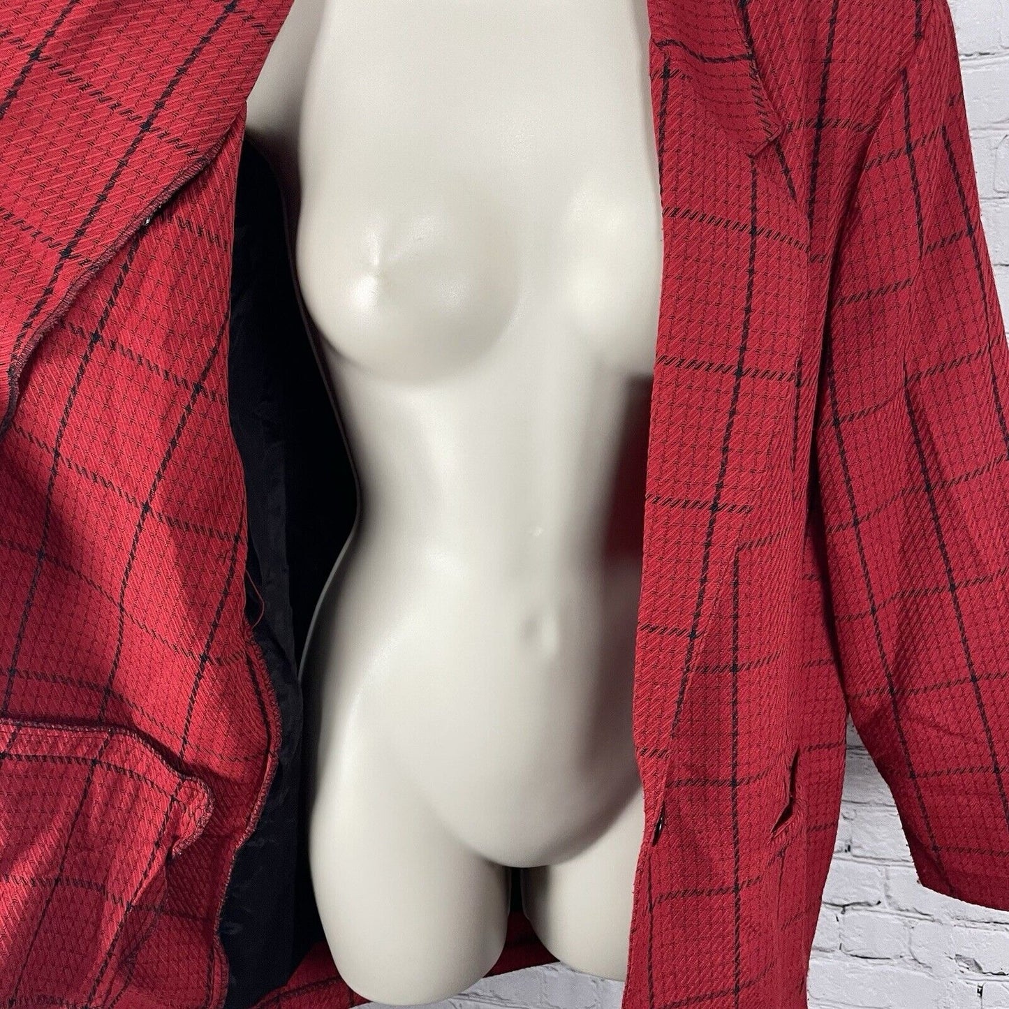 VTG Samantha USA Red Check One Button Lightweight Blazer Pockets Size 14