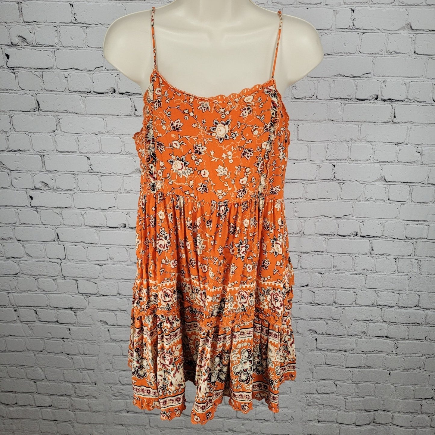 Urban Outfitters Orange Floral Strappy Boho Lined Sundress Slip Dress Medium M