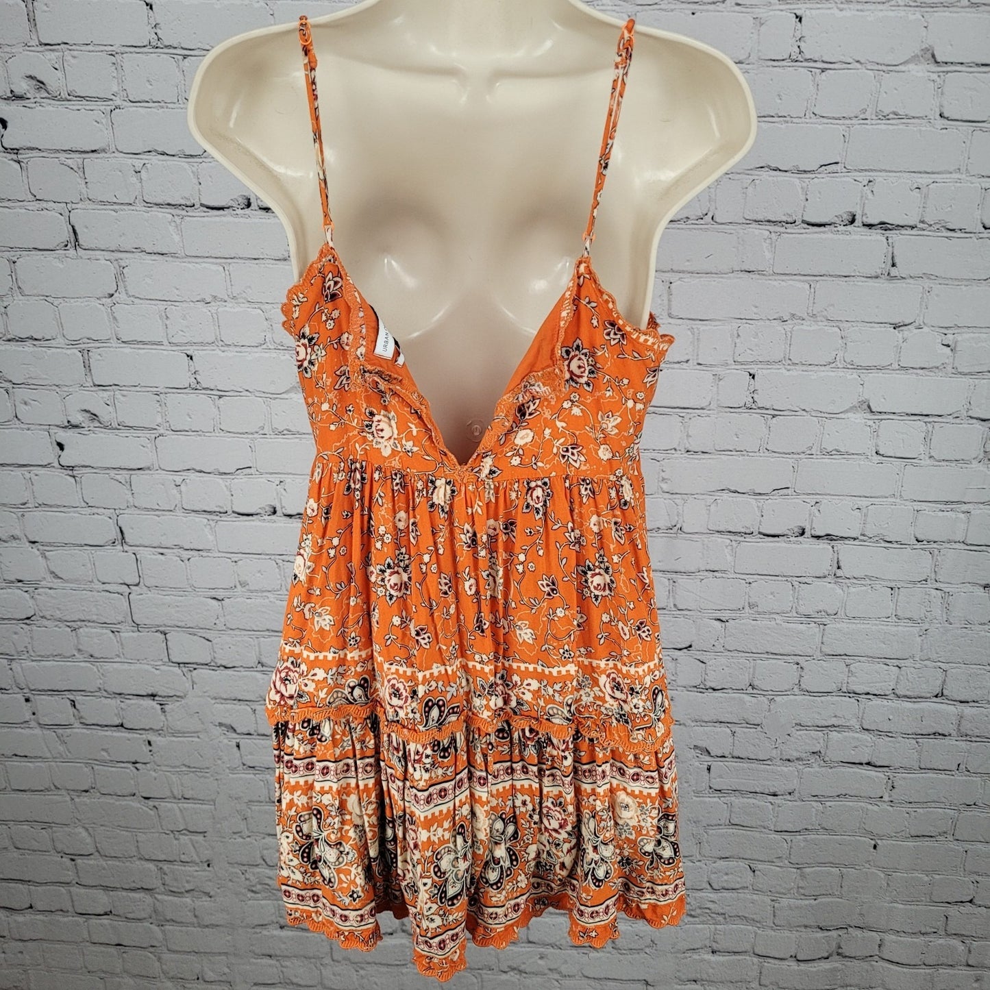 Urban Outfitters Orange Floral Strappy Boho Lined Sundress Slip Dress Medium M