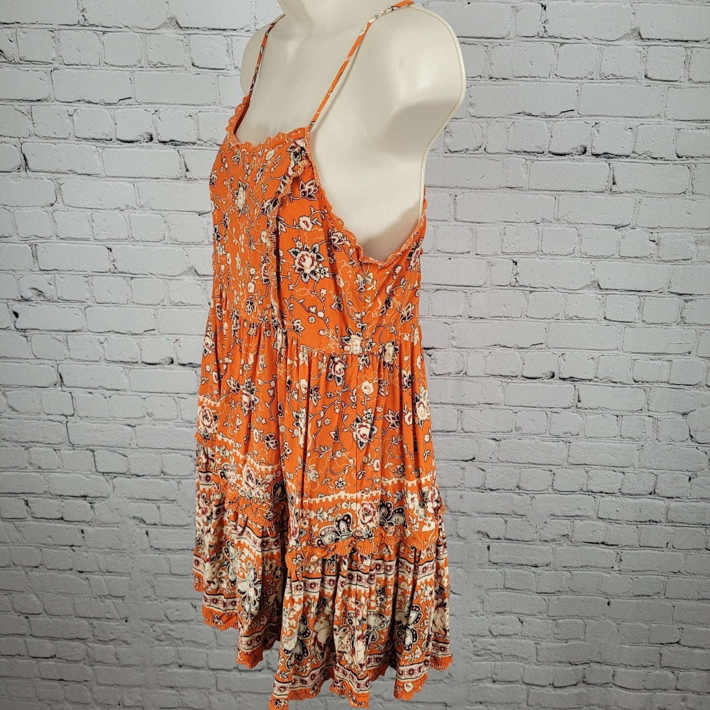 Urban Outfitters Orange Floral Strappy Boho Lined Sundress Slip Dress Medium M