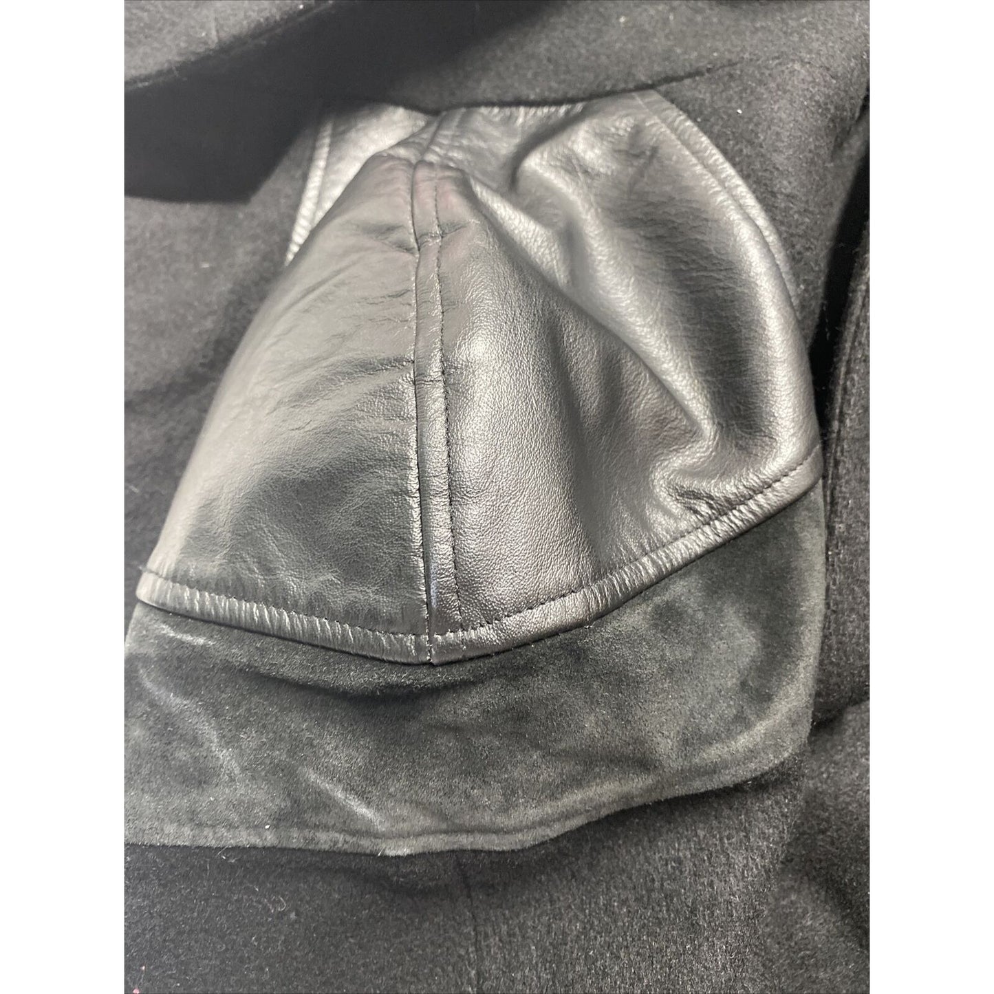 VTG Andrea Marin Black Two Button Wool Faux Leather Shoulders Peacoat Women’s 16
