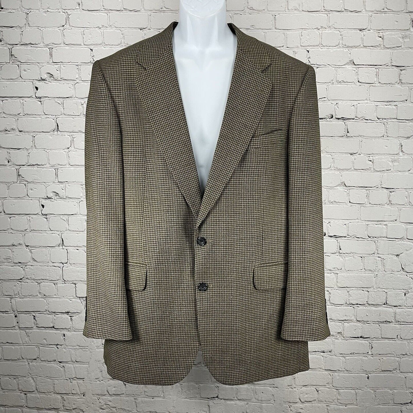Oscar De La Renta Menswear Brown Wool Houndstooth 2 Button Blazer Size 44L
