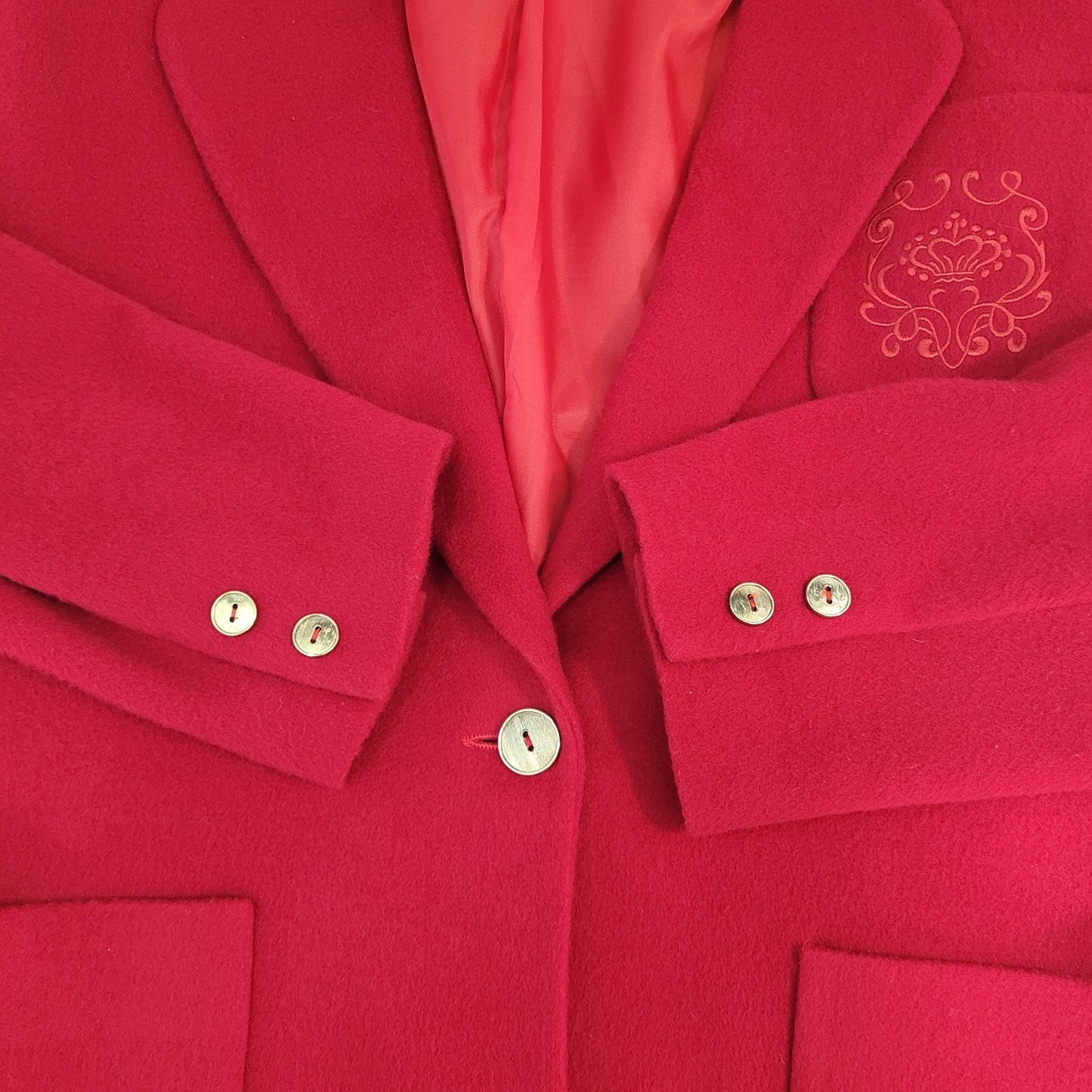 VTG Rafaella Red Wool Gold Button Embroidered Lined Jacket Italian Made Size 12